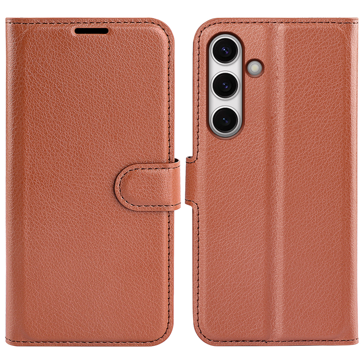 Bruine telefoonhoes, open en gesloten. De open hoes toont de achterkant van de telefoon.
