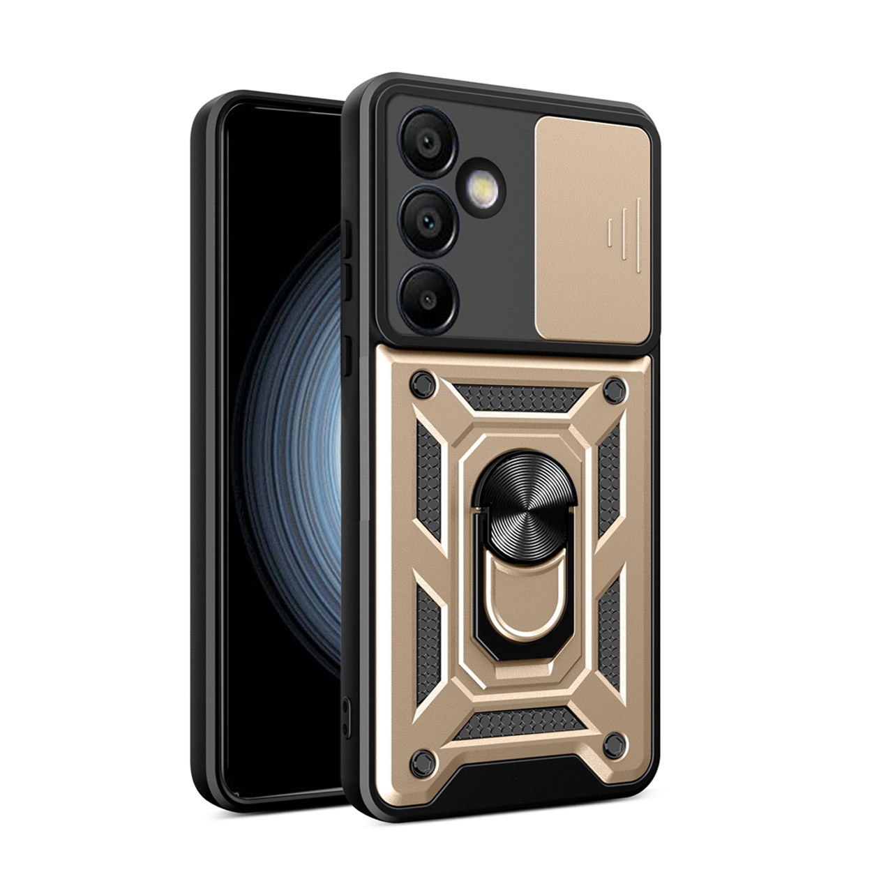 Een gouden en zwarte telefoonhoes met cameralenzen. Een ringhouder zit aan de achterkant.