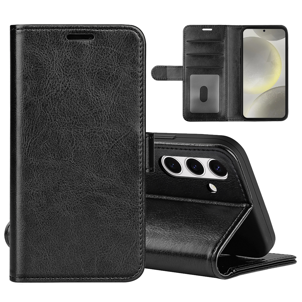 Étui de téléphone noir, fermé et ouvert. Montre un téléphone avec des caméras. Possède des fentes pour cartes et une fermeture magnétique.