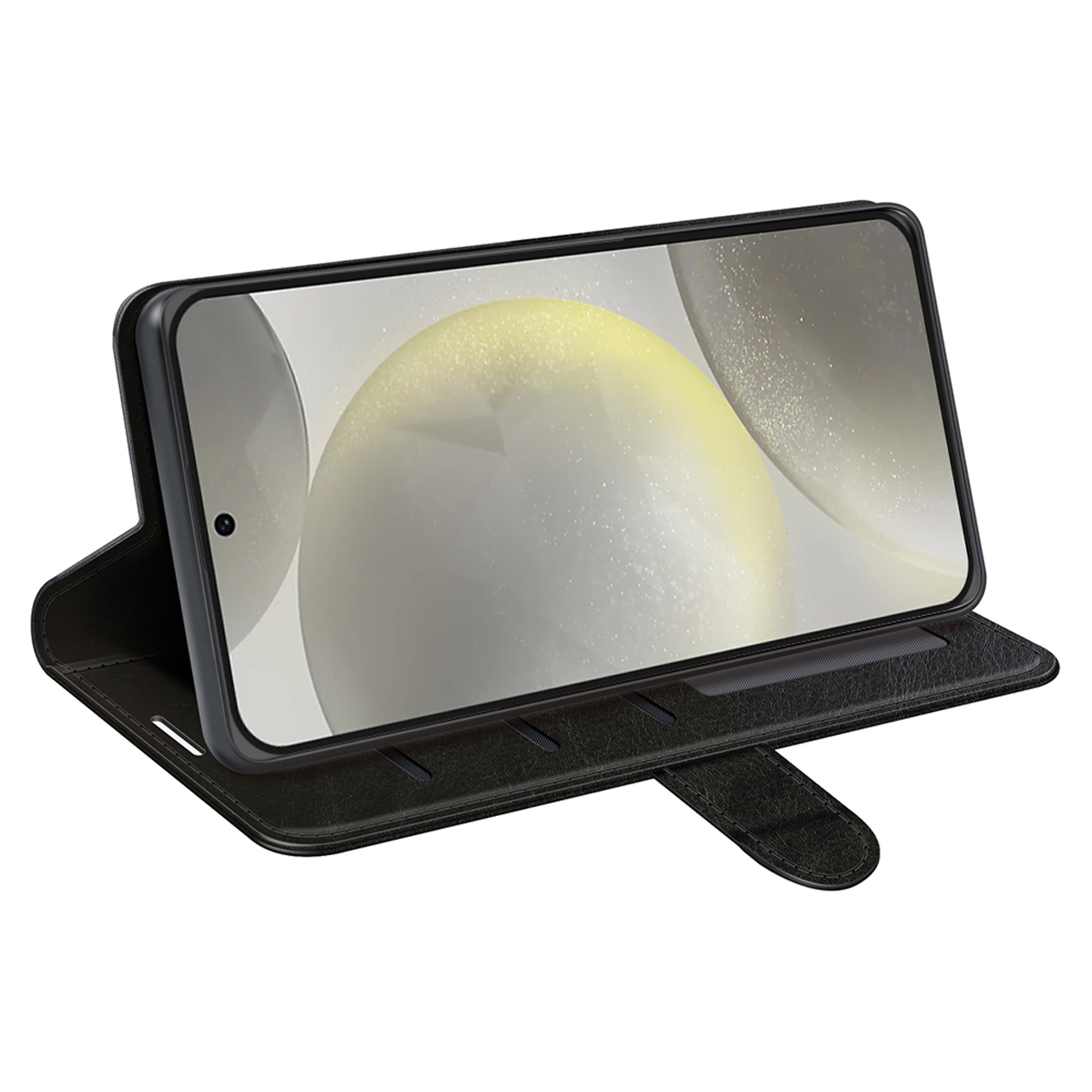 Téléphone noir dans un étui portefeuille ouvert, surélevé. L'étui a des fentes pour cartes. Le téléphone affiche un écran.