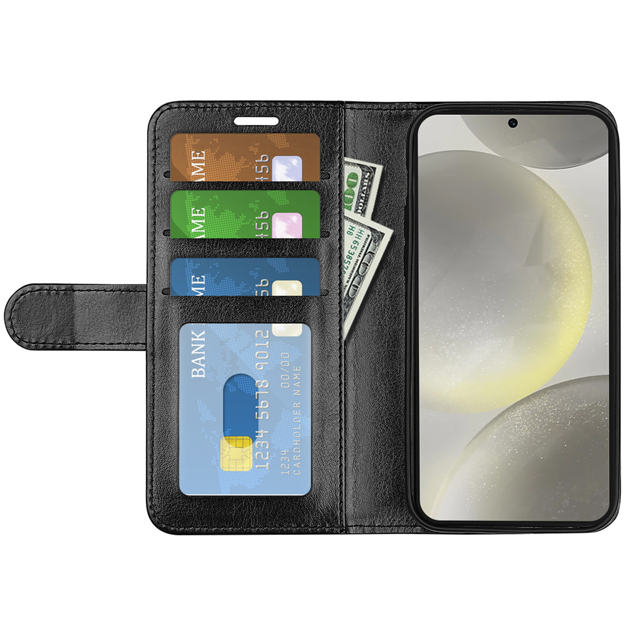 Étui de téléphone noir ouvert, avec téléphone, cartes et argent.
