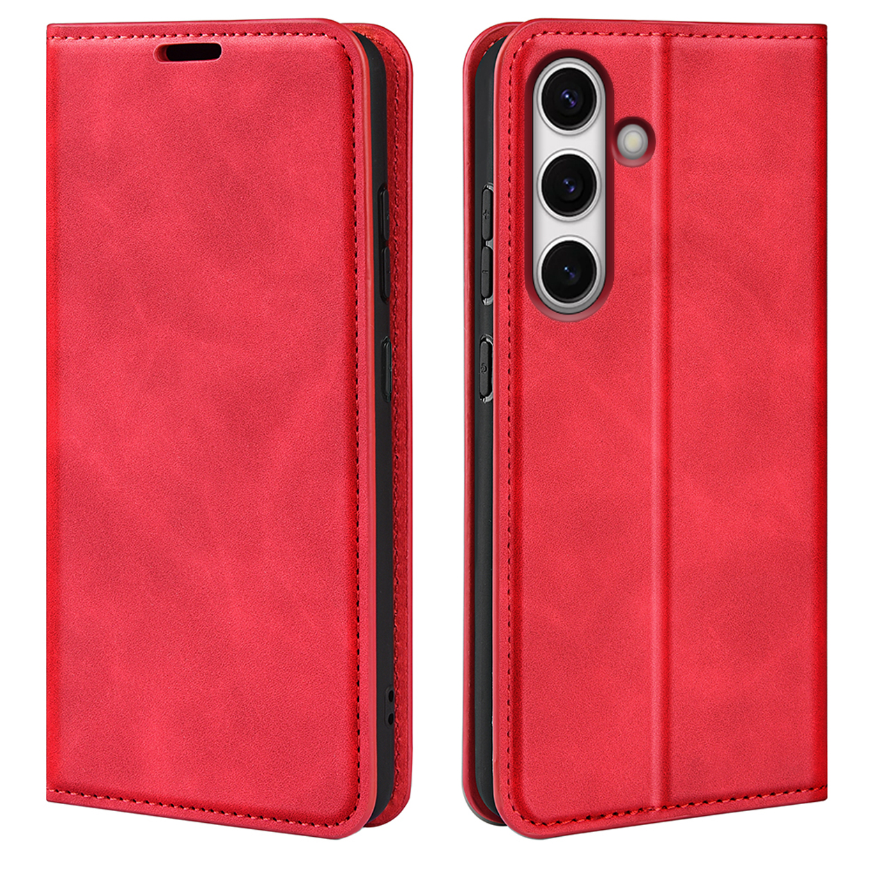 Étui de téléphone rouge, fermé, vue avant et arrière, avec un téléphone.