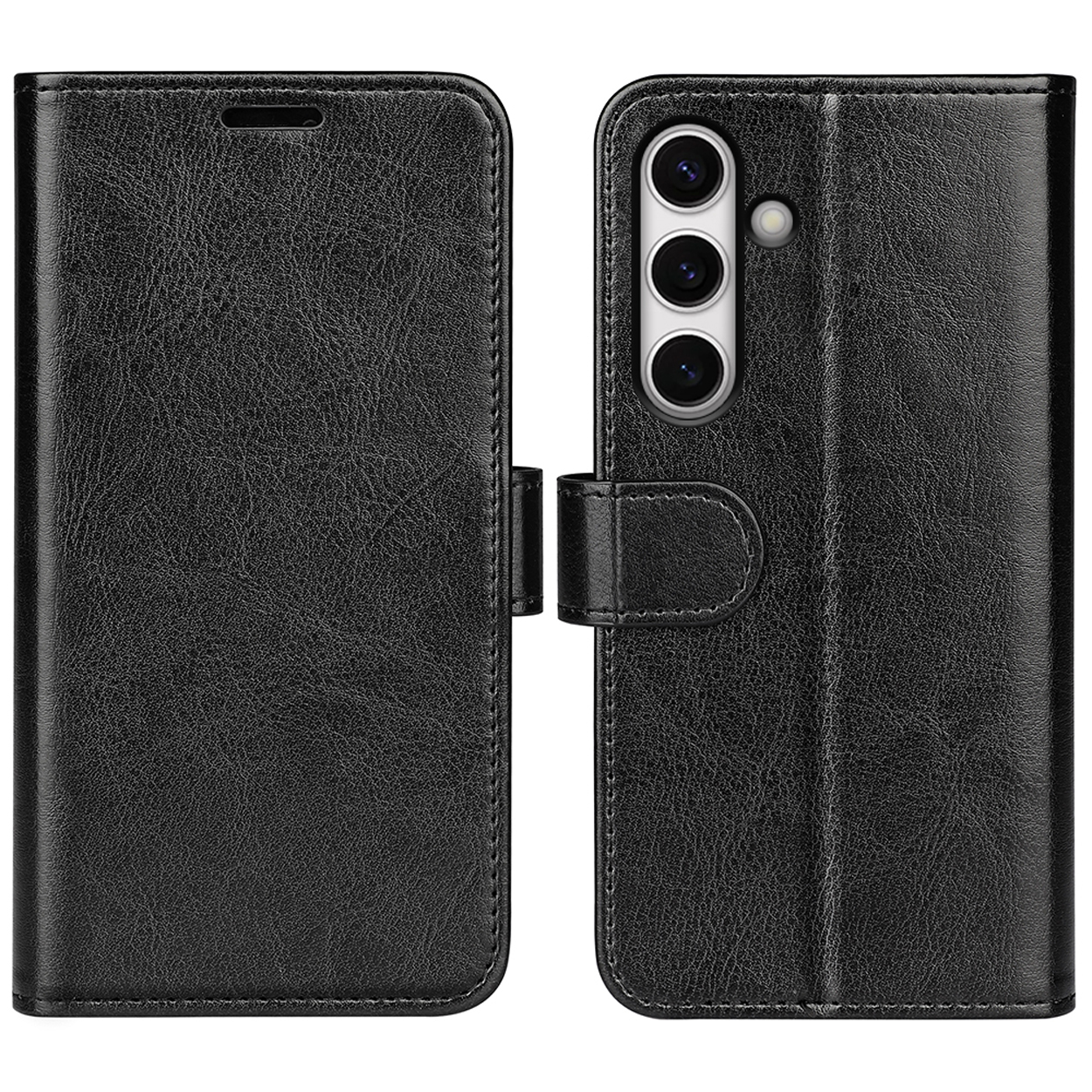Étui de téléphone en cuir noir, fermé et ouvert. Le téléphone a trois caméras.
