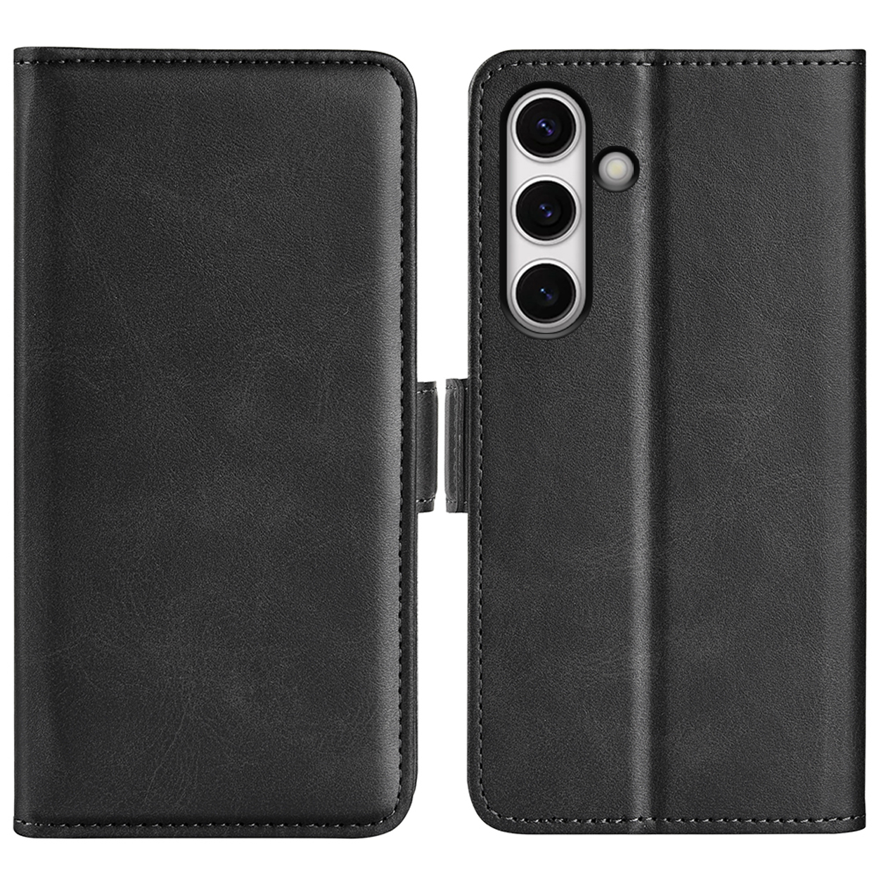 Étui de téléphone en cuir noir. L'étui ouvert montre un téléphone avec trois caméras.