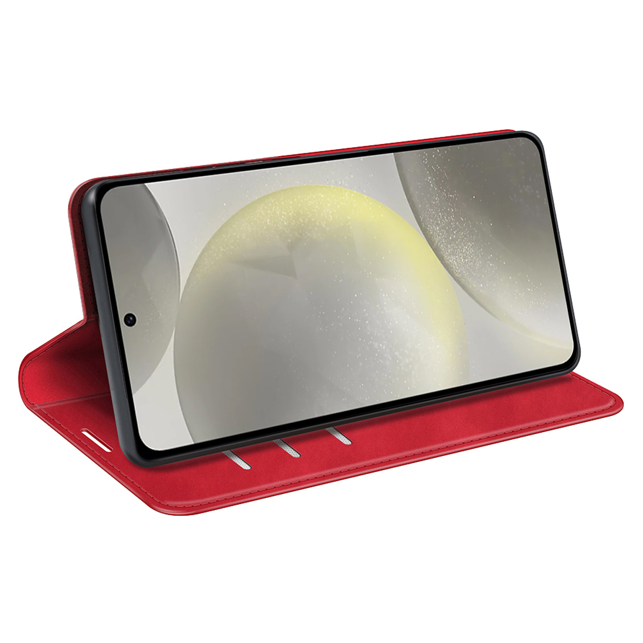 Étui de téléphone rouge, ouvert, affichant le téléphone avec un fond clair et une seule caméra.
