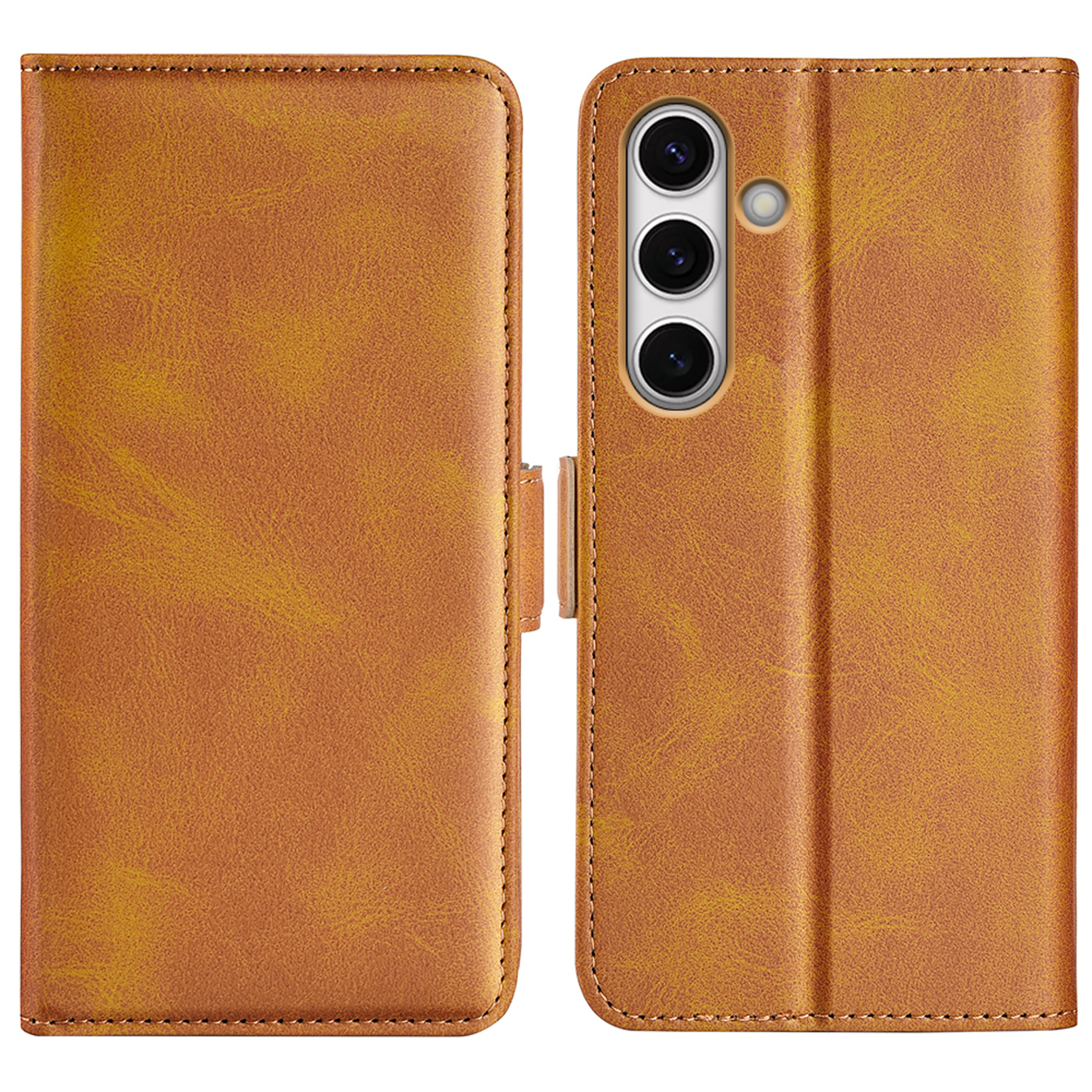 Étui de téléphone marron fermé, avec vues avant et arrière.