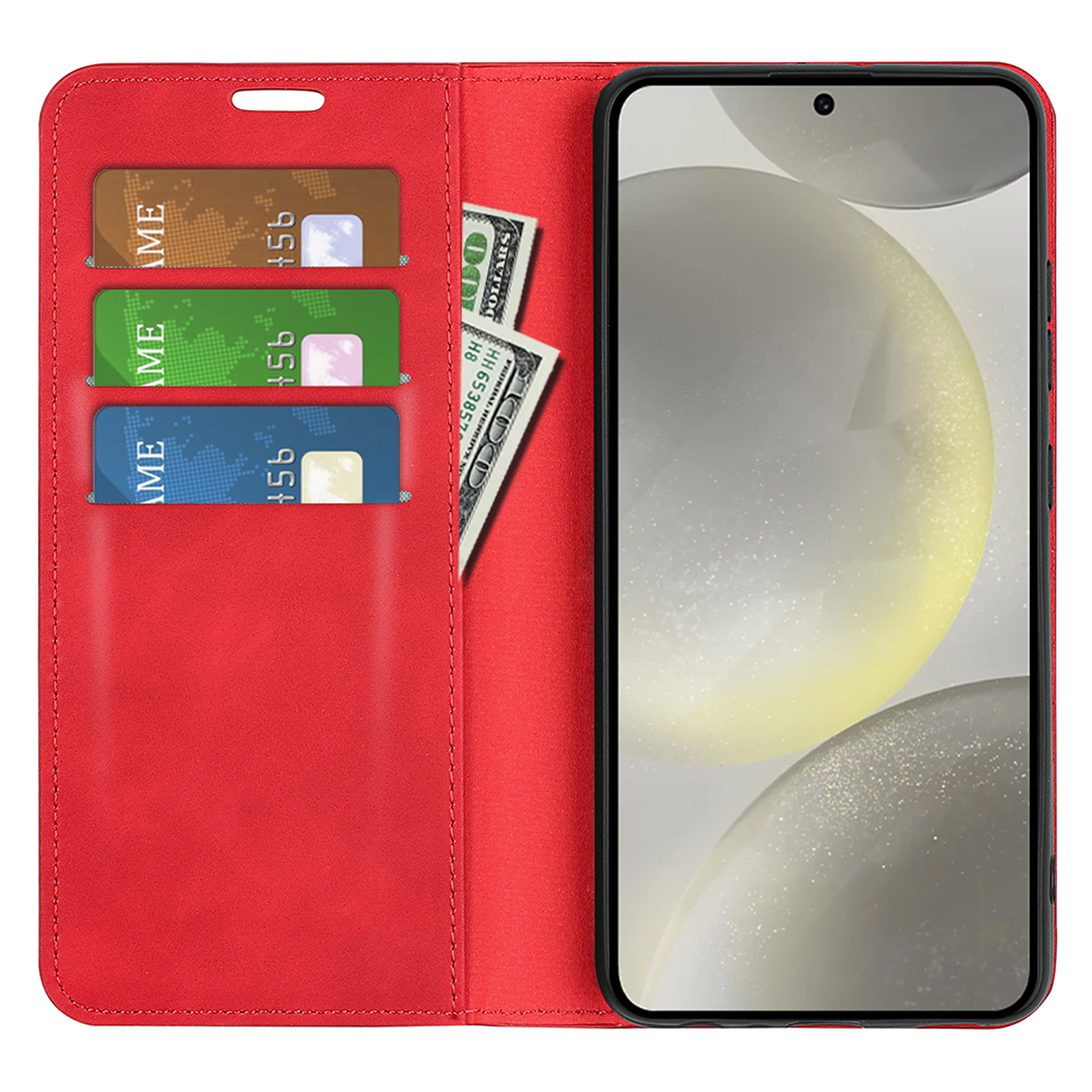 Étui de téléphone rouge avec emplacements pour cartes, contenant cartes et billets. Écran visible.