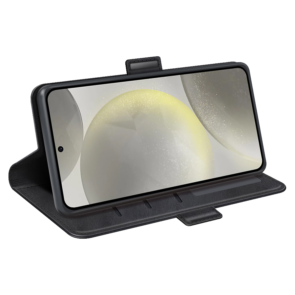 Téléphone noir dans un étui noir, ouvert. Le téléphone affiche un fond clair. L'étui est ouvert.