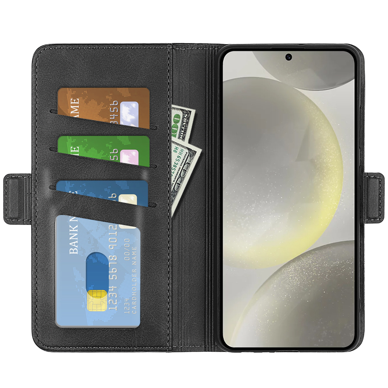 Étui de téléphone noir, ouvert avec cartes et argent. Téléphone avec un arrière-plan flou visible.