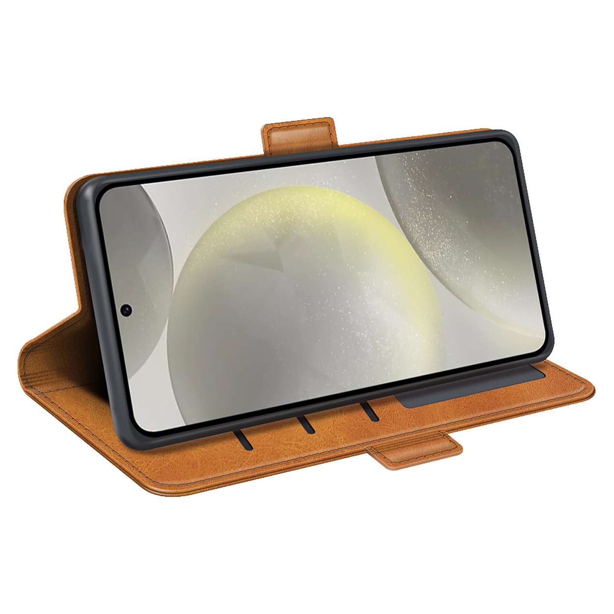 Étui de téléphone marron avec téléphone, montrant une image floue à l'écran.