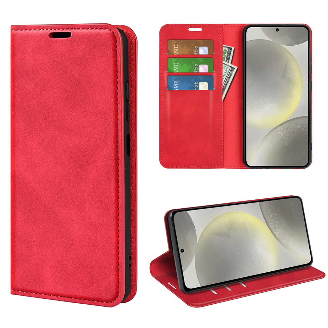 Coque de téléphone rouge. Vues multiples : fermée, ouverte avec cartes et un support. Affichant un écran de téléphone.