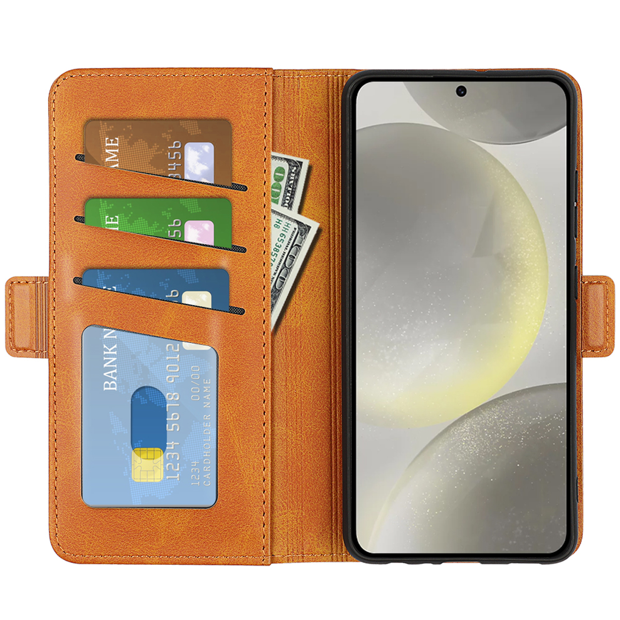 Coque de téléphone en cuir orange avec un téléphone à l'intérieur. Le téléphone a un écran avec des applications.