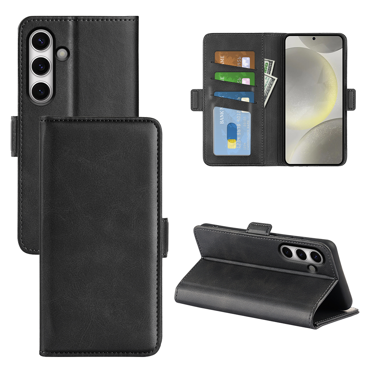 Étui de téléphone noir avec cartes et argent à l'intérieur. Plusieurs vues de l'étui fermé.