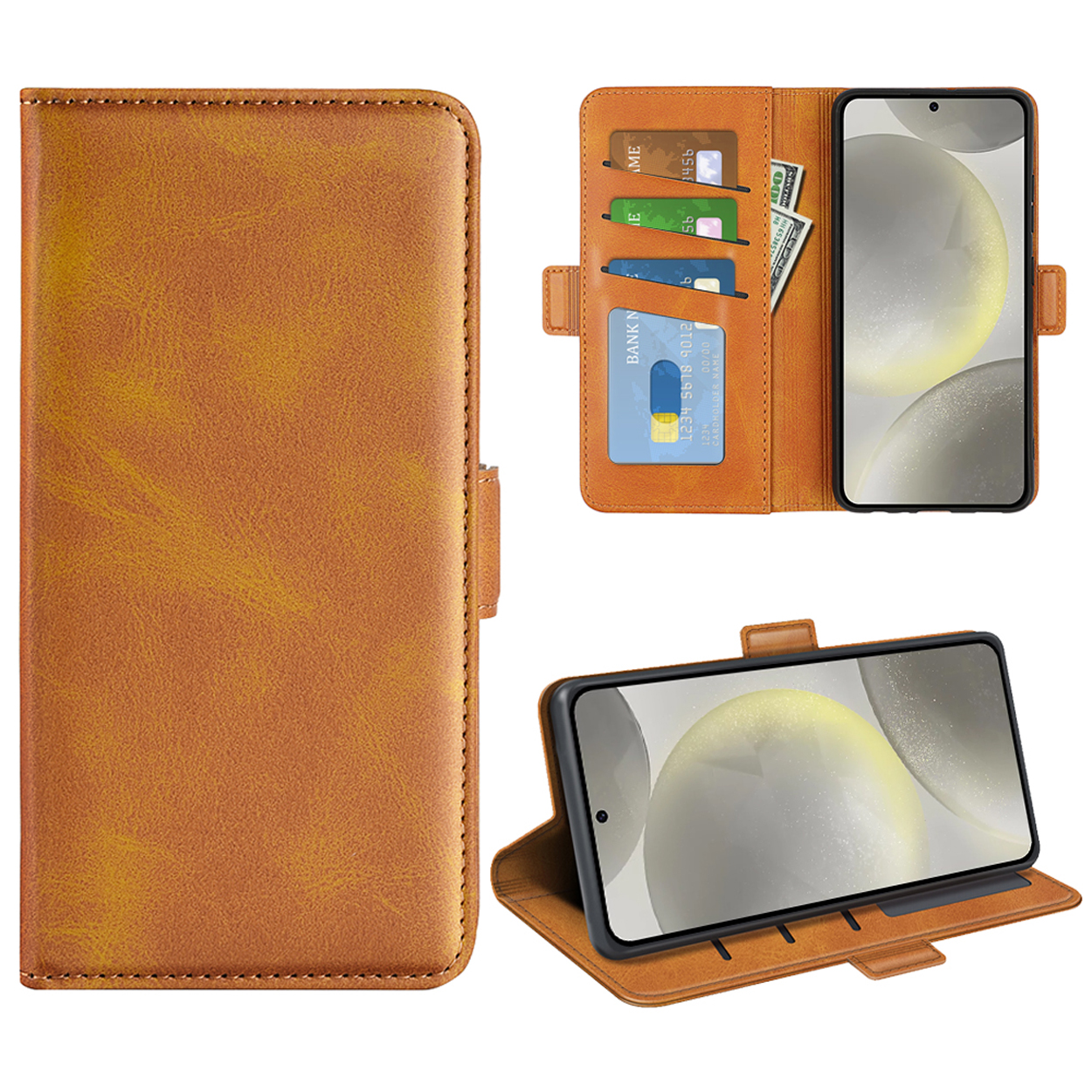 Un étui de téléphone marron, ouvert et fermé, avec un téléphone et des cartes.