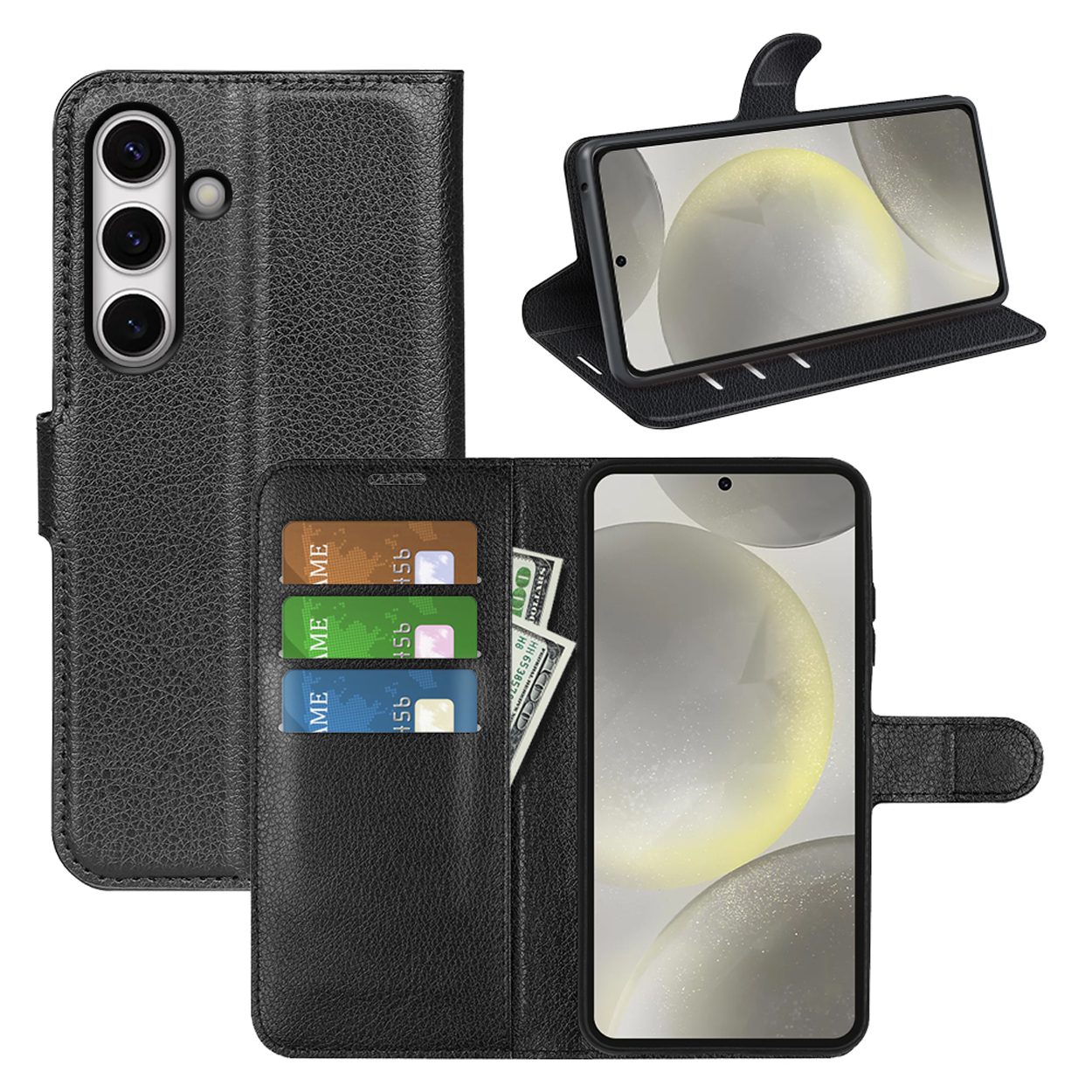 Zwart telefoonhoesje met telefoon, kaarten en geld, met meerdere weergaven.