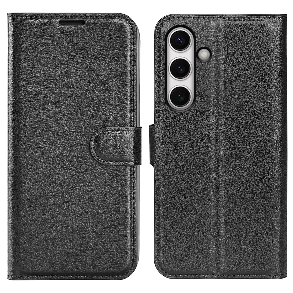 Zwarte leren telefoonhoes, gesloten en open. Drievoudige camera zichtbaar.
