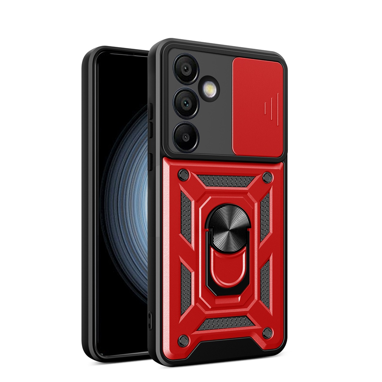 Rode telefoonhoes, zwart en rood. De telefoon is zwart. De hoes heeft een camerahoes en een ring.