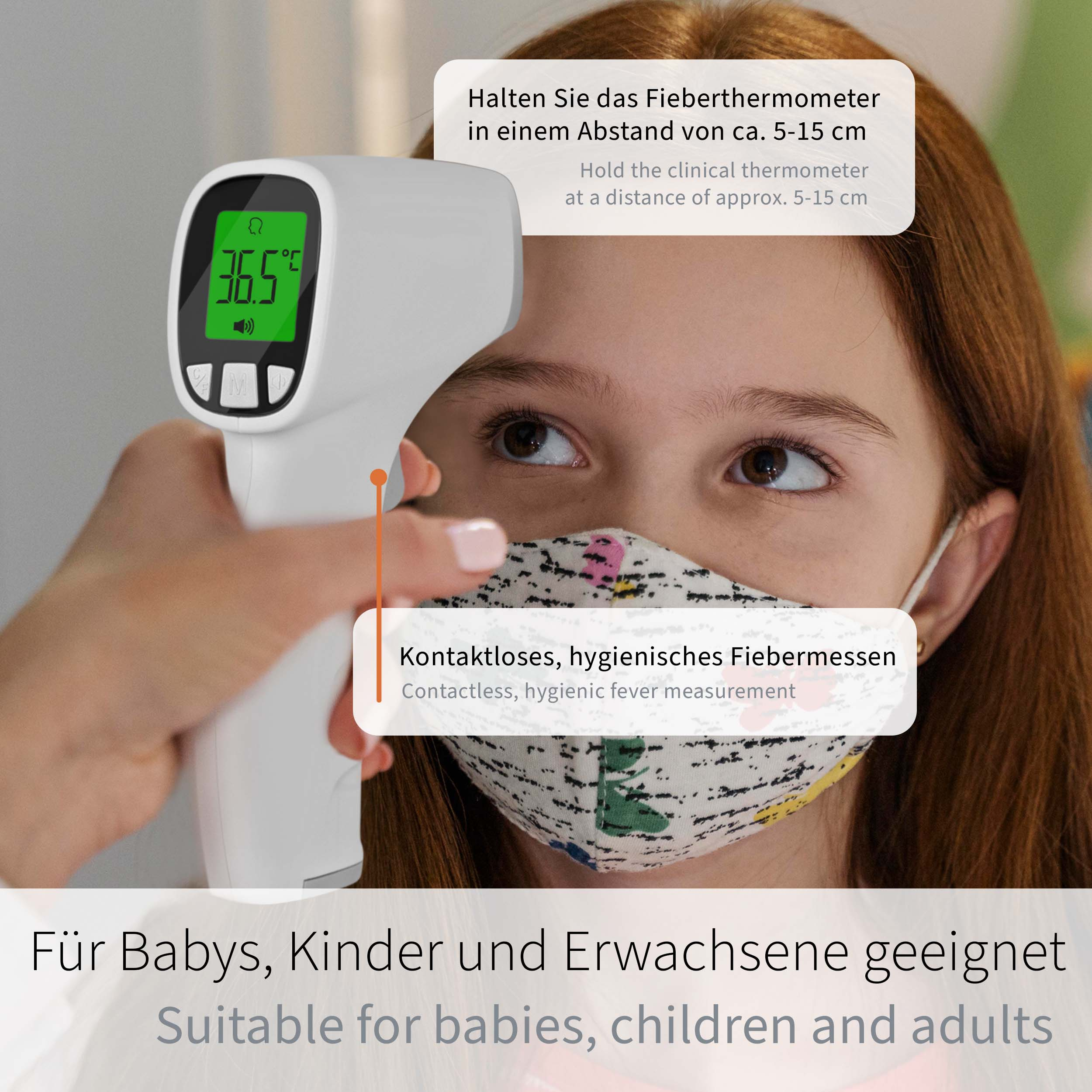 Weißes Thermometer misst 36,5 Grad bei einem Kind mit Maske.