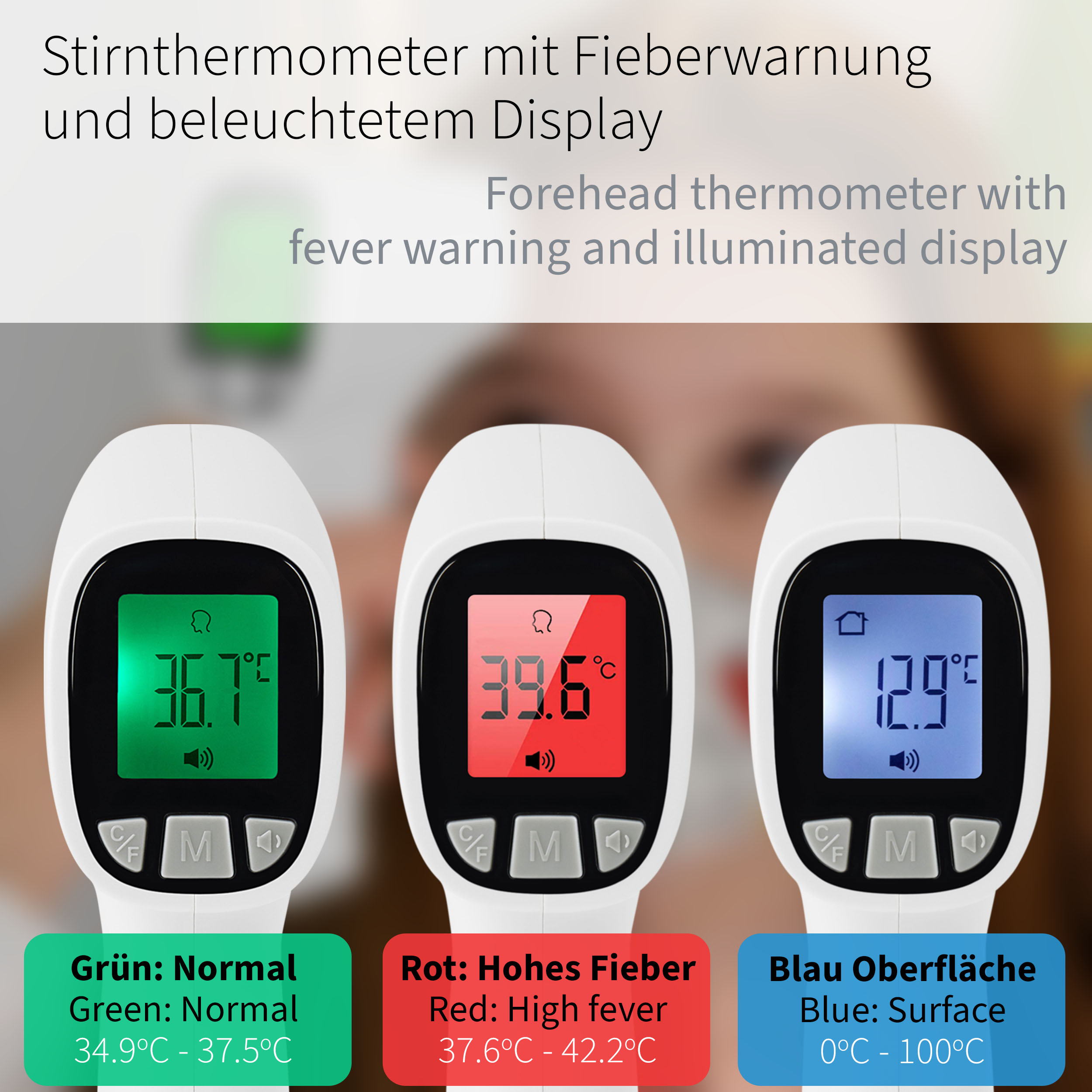 Drei Stirnthermometer mit unterschiedlichen Temperaturen und Textbeschriftungen. Weißer Hintergrund.