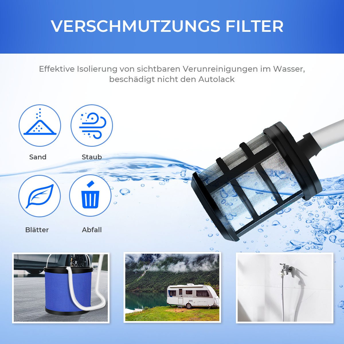 Bild zeigt einen Wasserfilter mit Symbolen: Sand, Staub, Blätter und Müll.