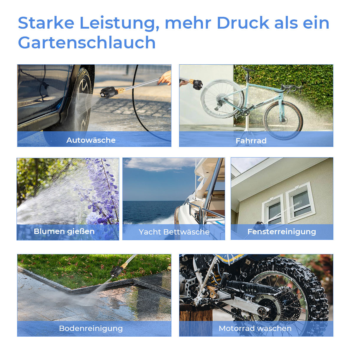 Bilder, die die Verwendung eines Hochdruckreinigers zeigen: Autowäsche, Fahrrad, Blumen gießen, Yacht, Fenster, Terrasse und Motorrad.