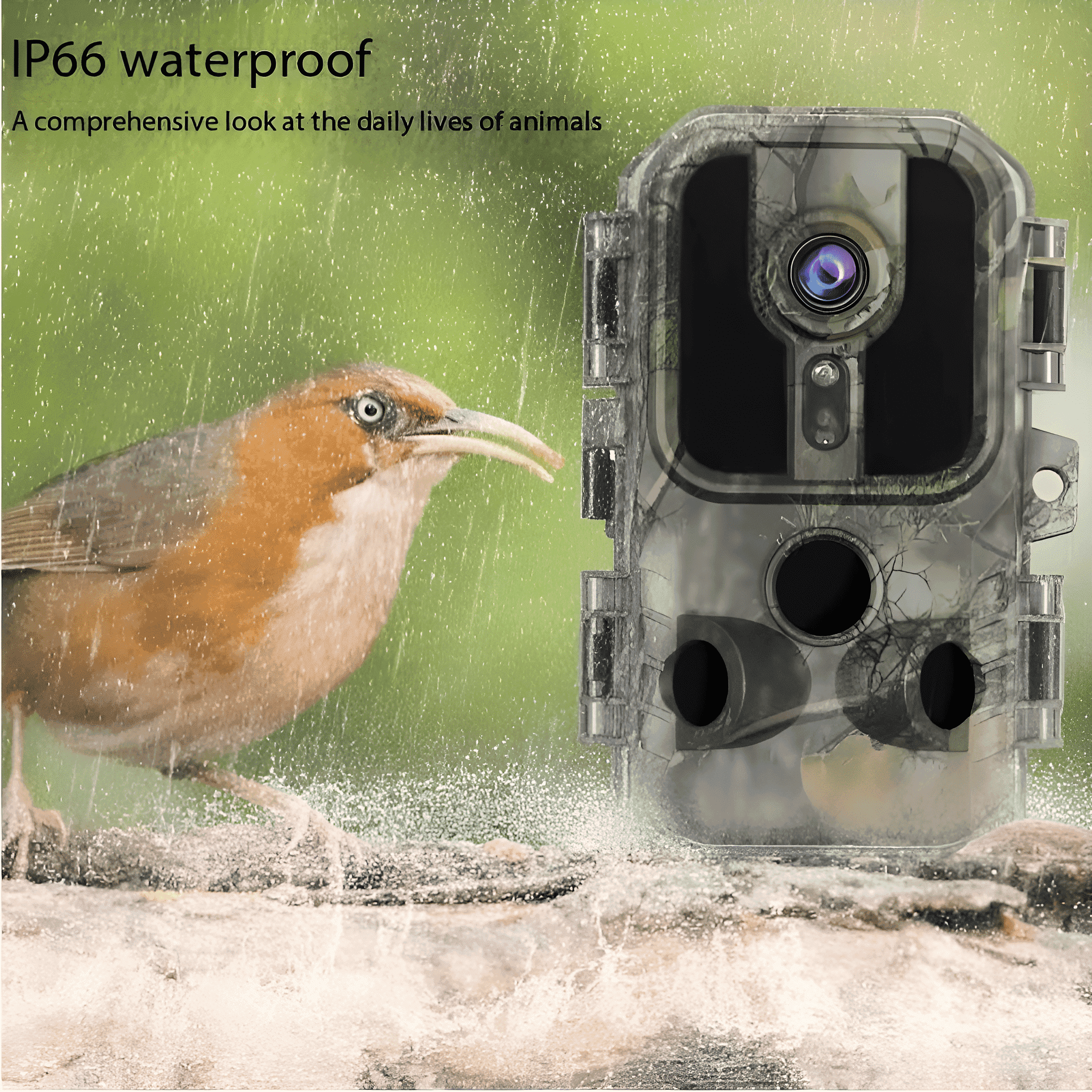 Ein Vogel in der Nähe einer Kamera im Regen, mit Text über IP66 Wasserdichtigkeit.