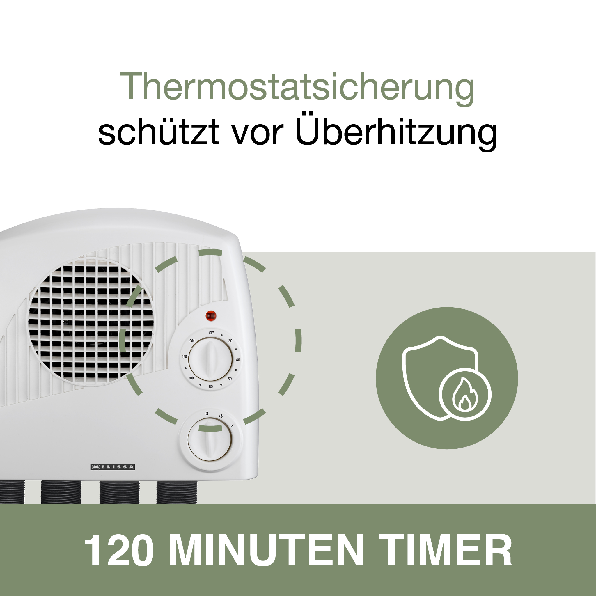 Termoventilatore bianco con manopole di controllo e grafica, sfondo bianco.