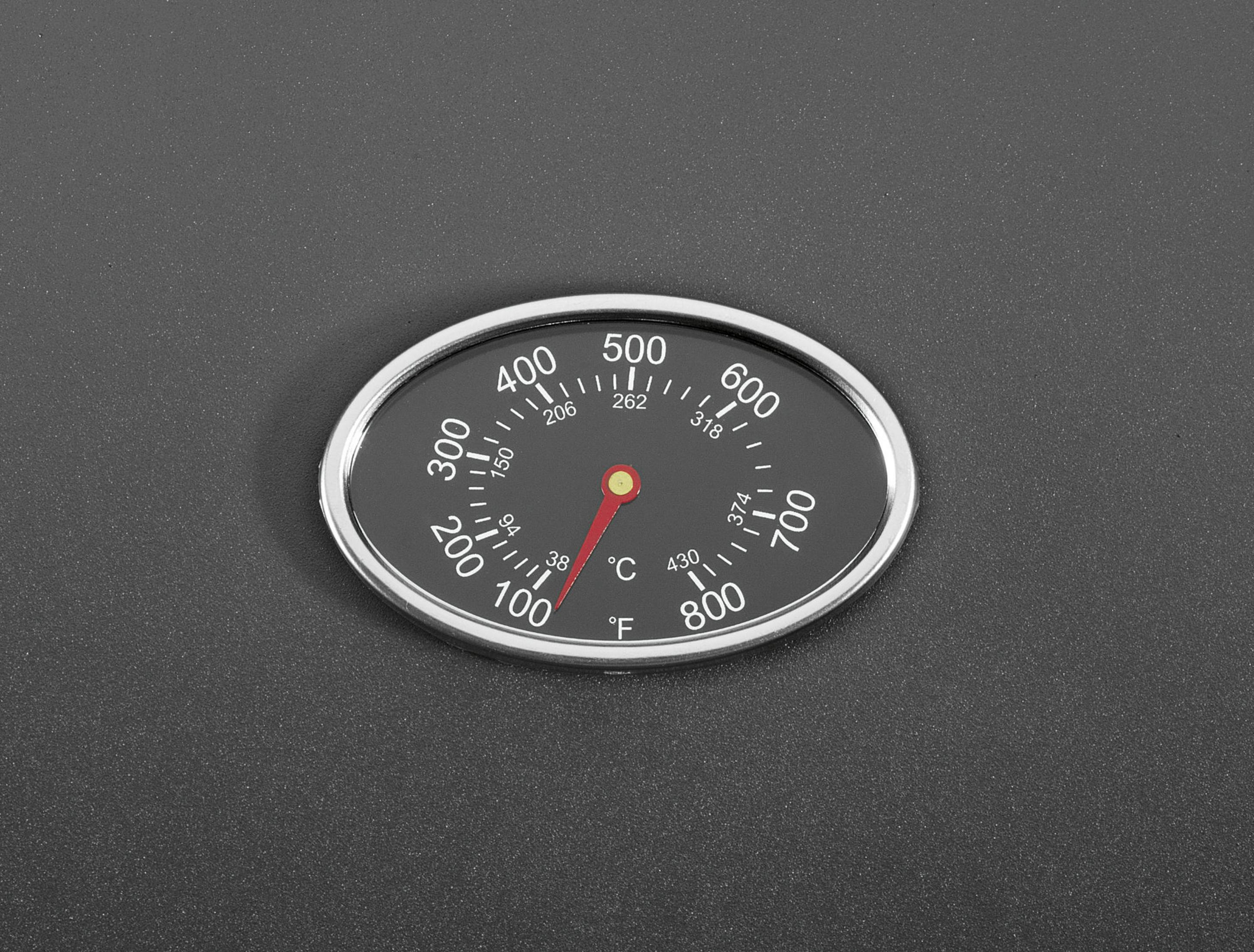 Ein schwarzes ovales Thermometer zeigt die Temperatur an.