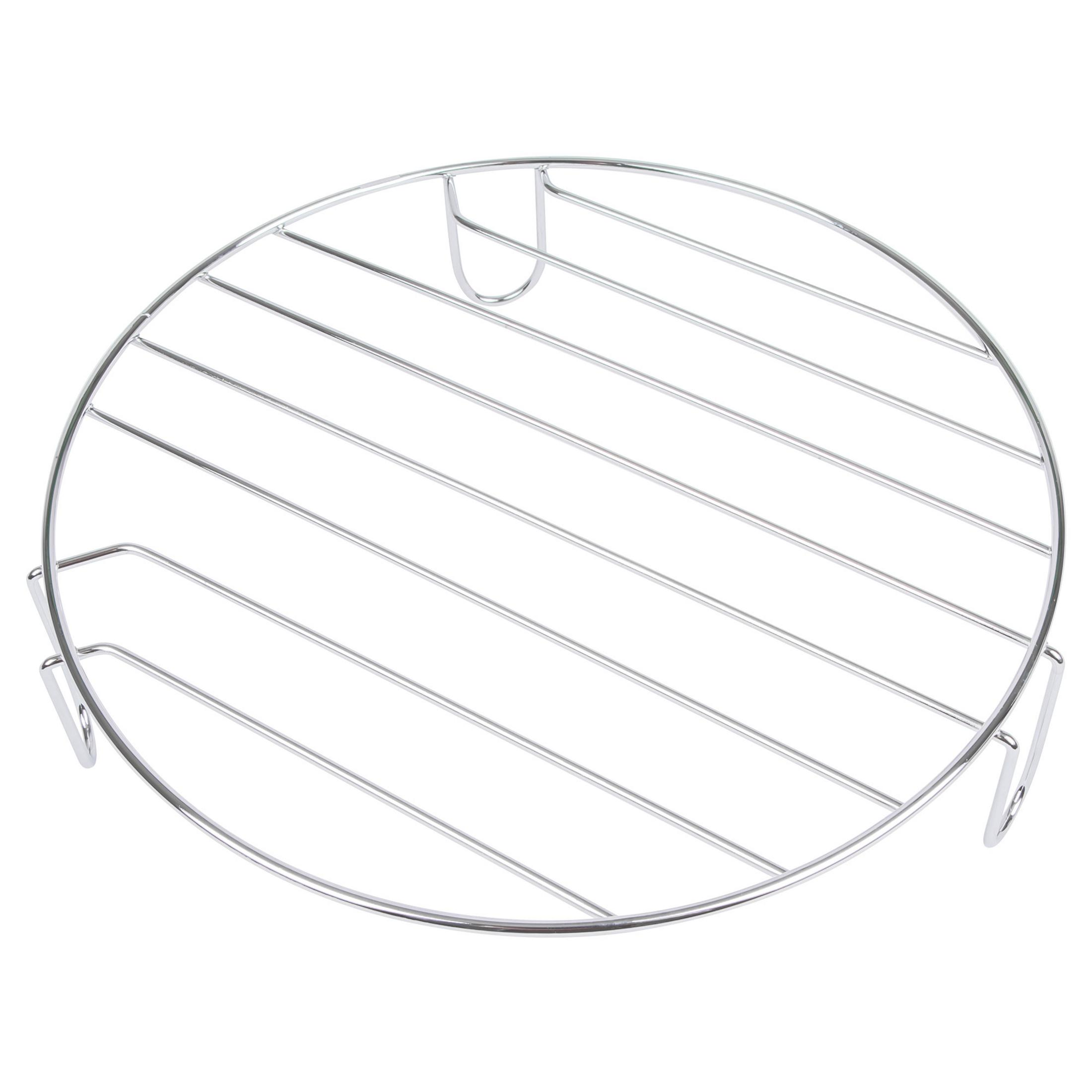 Okrągły chromowany ruszt druciany. Posiada uchwyt i jest przeznaczony do użytku w piekarniku.