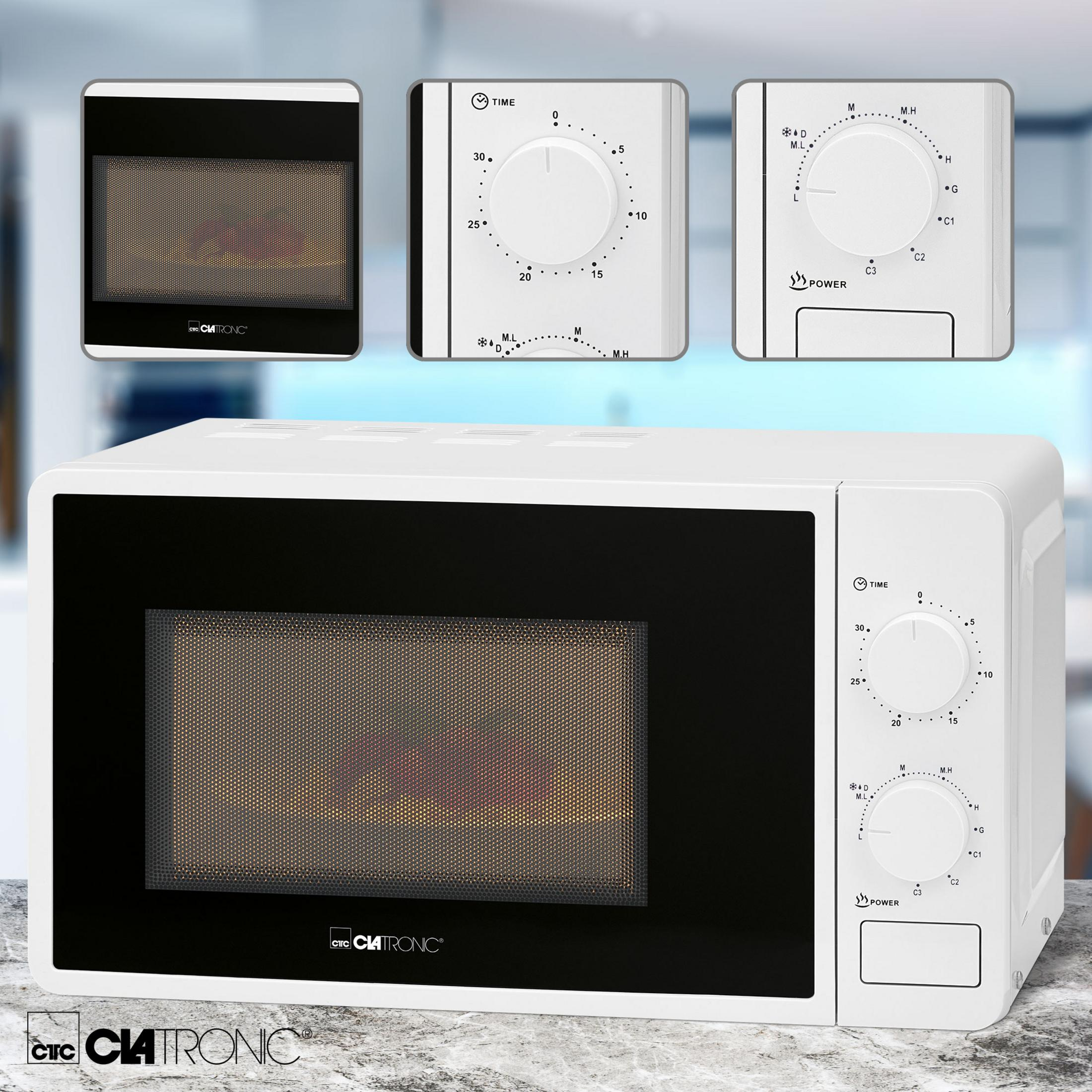 Biała kuchenka mikrofalowa z czarnymi drzwiami i panelem sterowania. Dwie inne kuchenki mikrofalowe w tle.