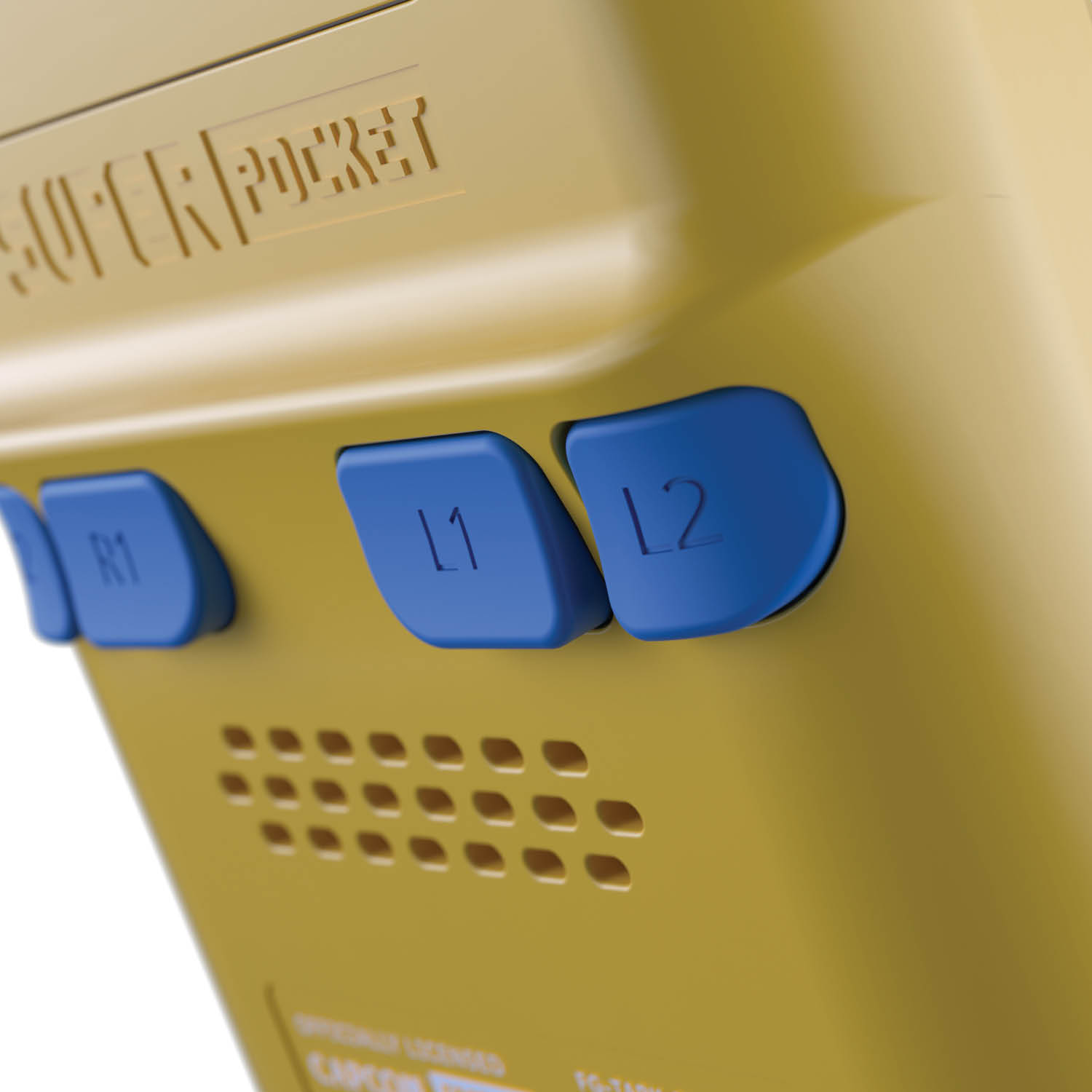 Zbliżenie żółtego kontrolera gier retro z niebieskimi przyciskami.