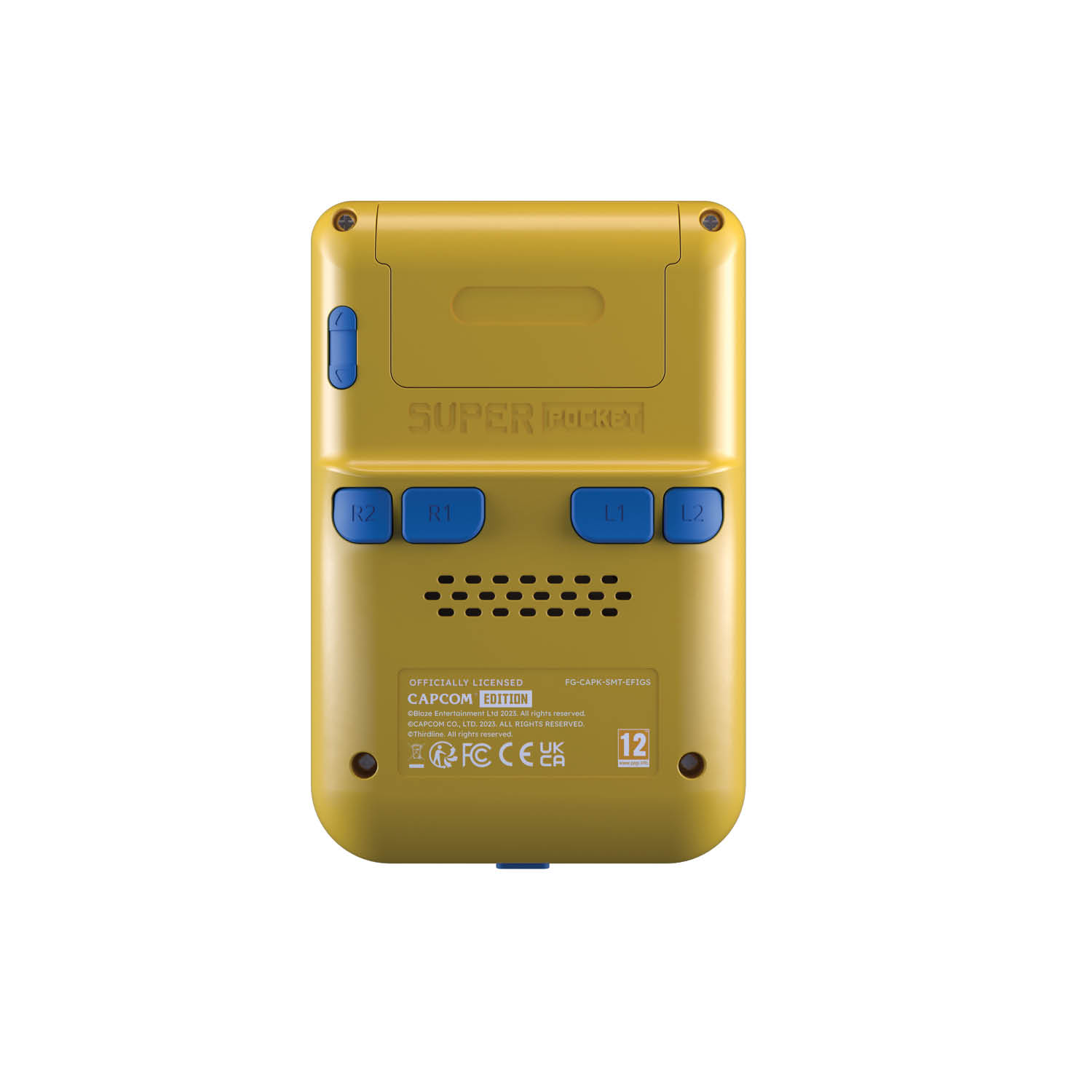 Żółta konsola do gier przenośnych z przyciskami, oznaczona SUPER POCKET.