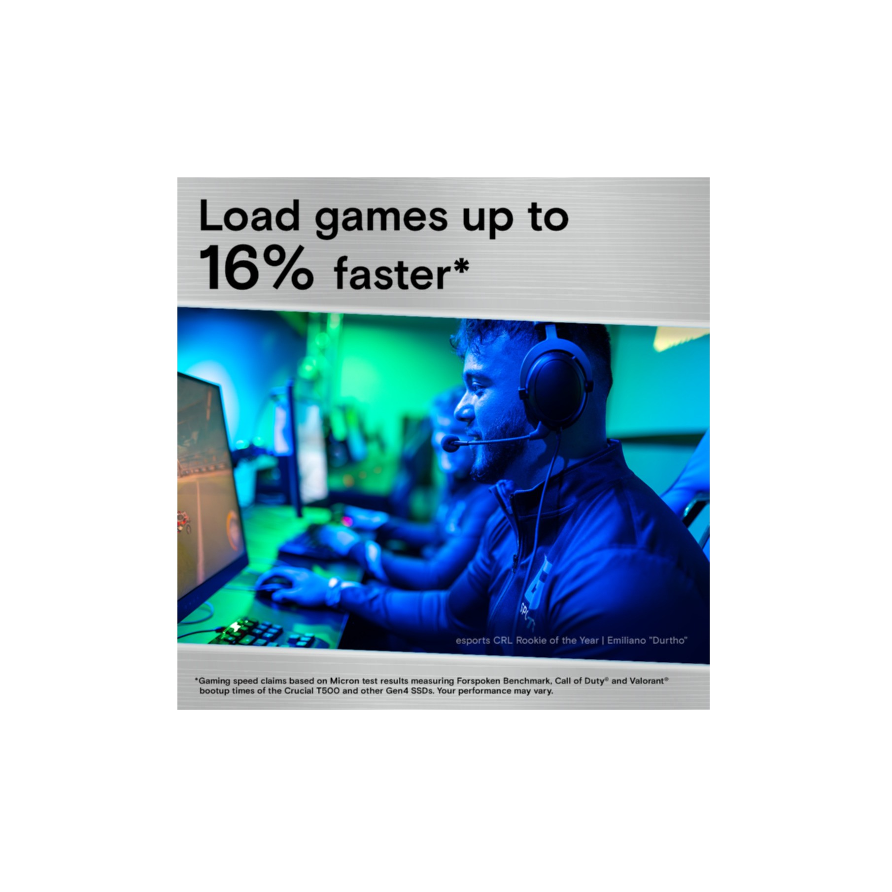 Mężczyzna w zestawie słuchawkowym gra. Na ekranie widać grę. Tekst mówi: Ładuj gry do 16% szybciej.