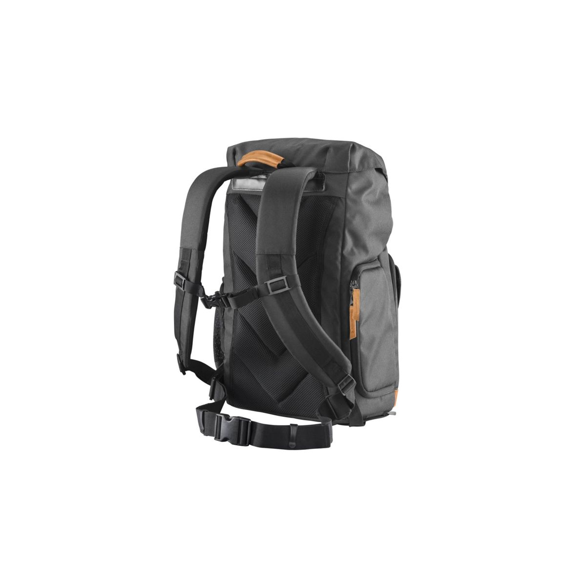 Ein grauer Rucksack von hinten, mit gepolsterten Trägern und braunen Akzenten.