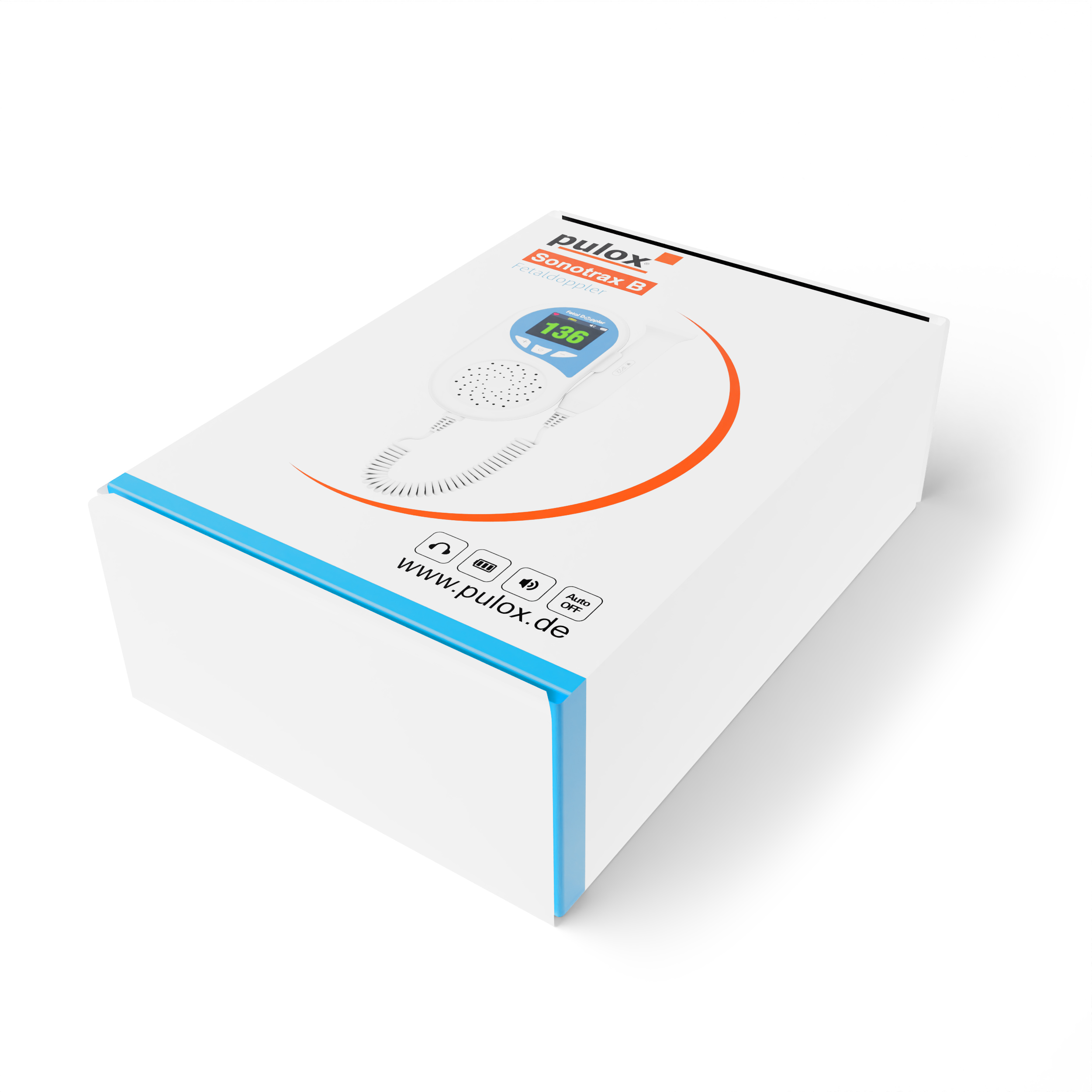Weiße Box mit einem medizinischen Gerät. Die Box hat blaue und orange Akzente.