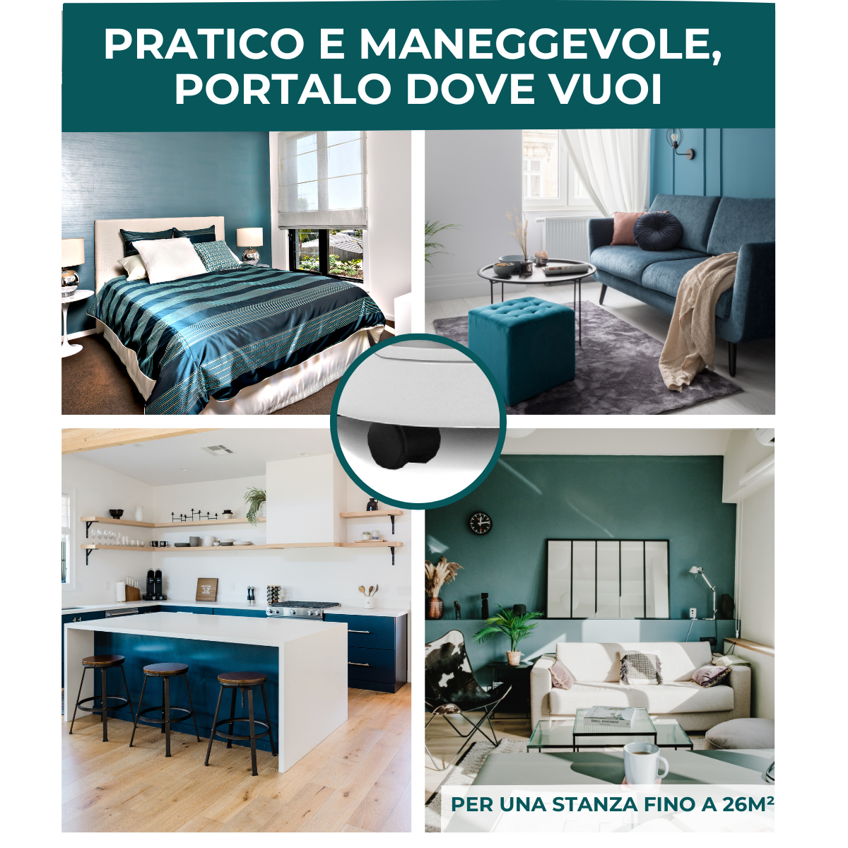 Collage di stanze interne. Testo italiano: Pratico e maneggevole, portalo dove vuoi.