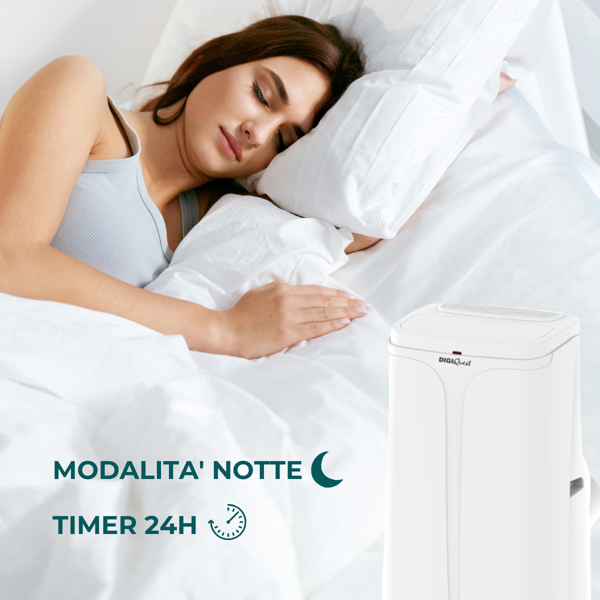 Donna che dorme a letto accanto a un purificatore d'aria bianco. Il testo recita 'Modalita' Notte' e 'Timer 24H'.