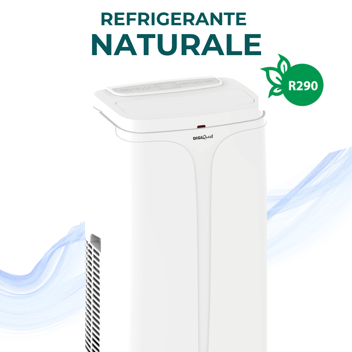 Condizionatore bianco con pannello di controllo superiore ed etichetta verde R290. Linee blu ondulate sotto.