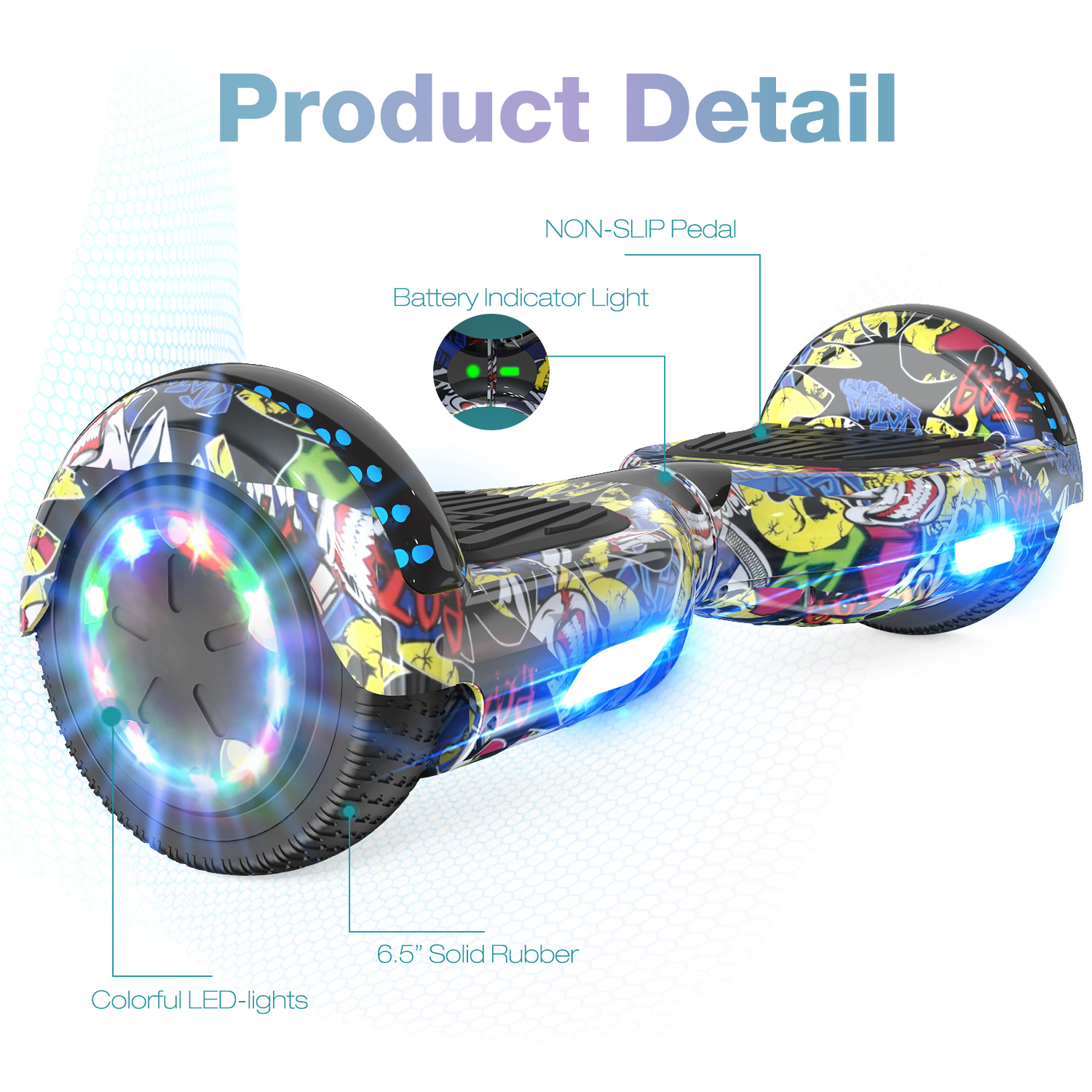 Un hoverboard con luci colorate e design graffiti. Etichette di testo e dettagli del prodotto visibili.