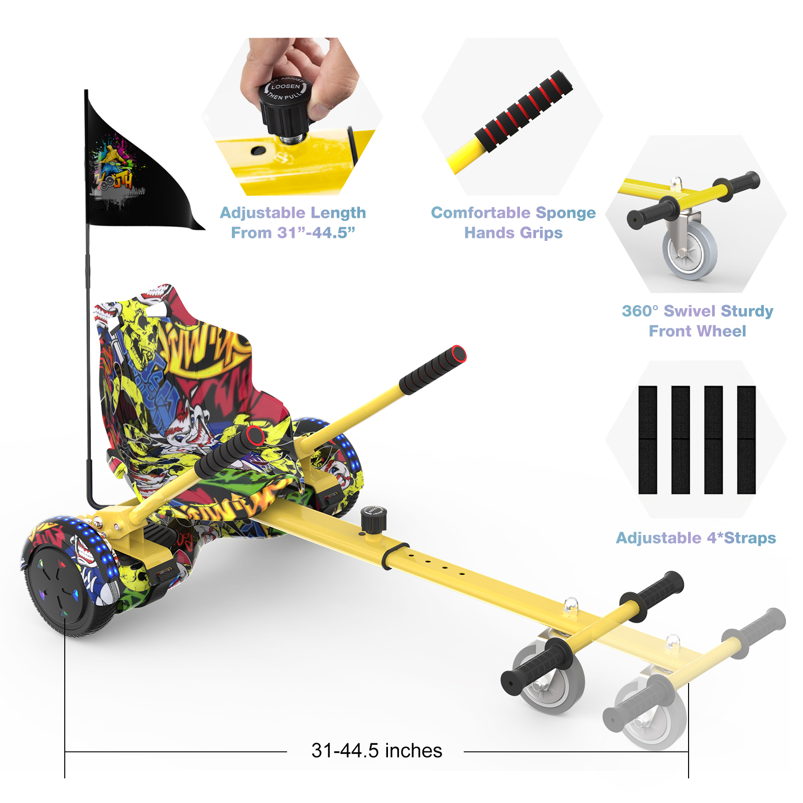 Un hoverboard giallo con bandiera, lunghezza regolabile e ruota anteriore robusta.