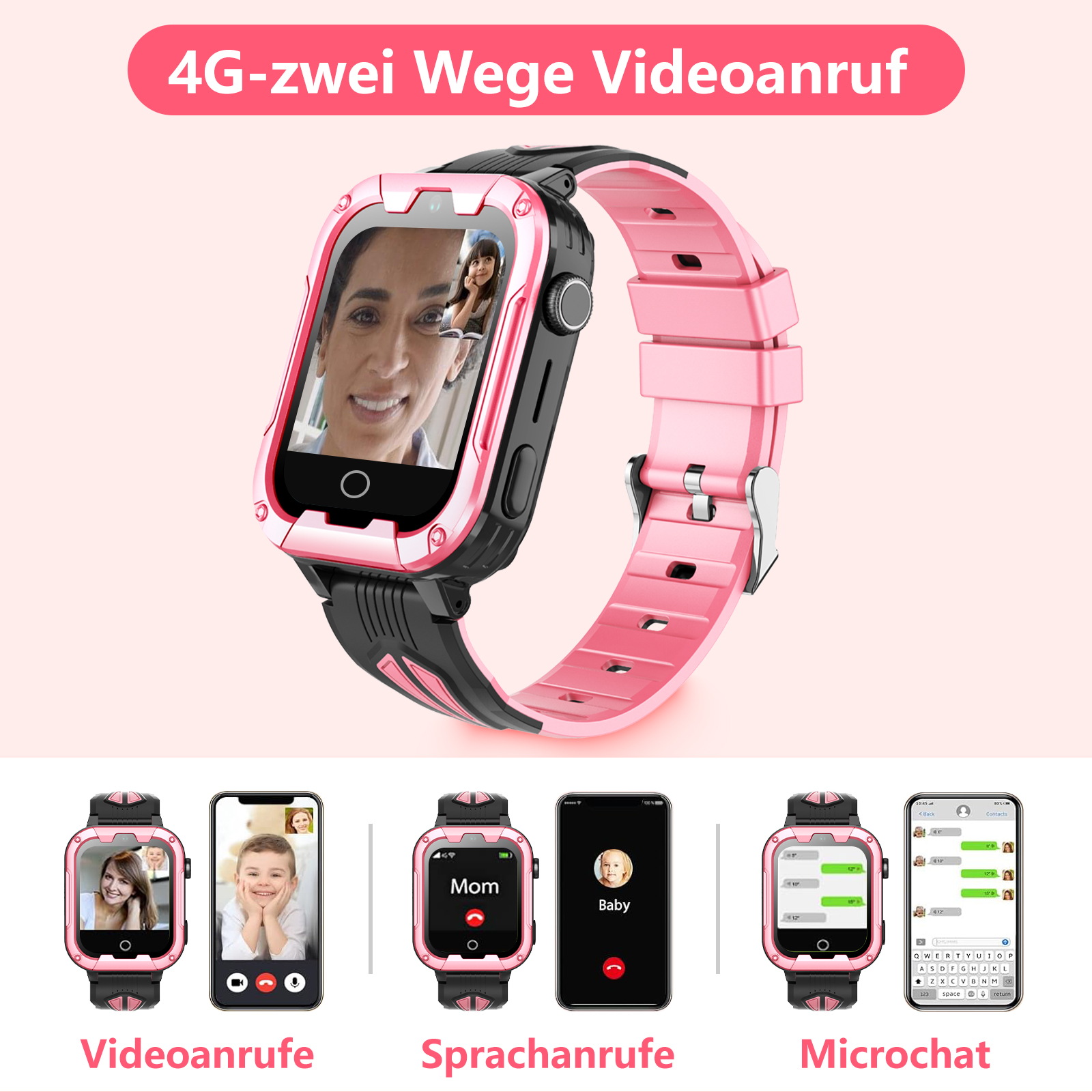 Rosa Smartwatch mit Videoanrufbildschirm. Verschiedene Telefonbildschirme zeigen Anrufe und Chats.