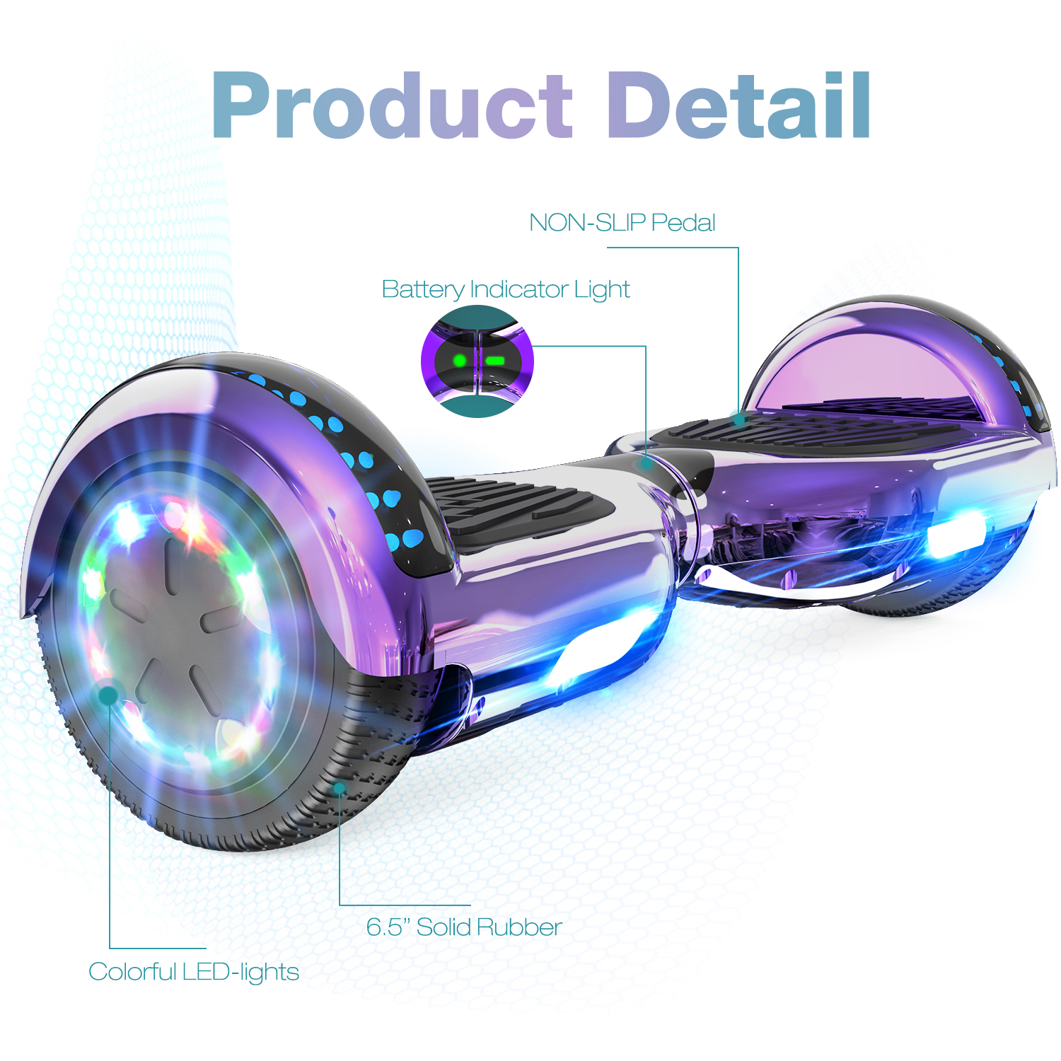 Un hoverboard con accenti viola, luci colorate ed etichette di testo. Il dettaglio del prodotto è presentato.