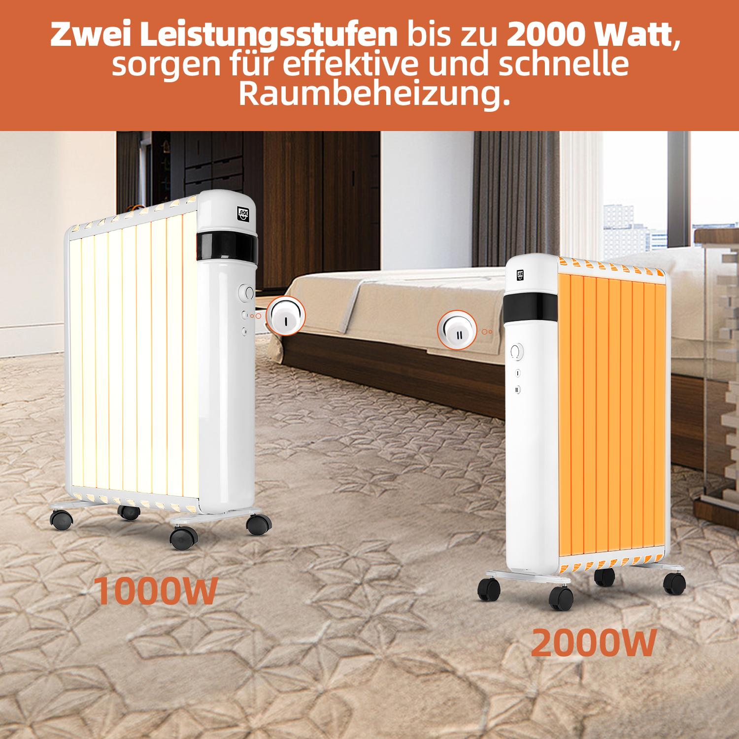 Zwei weiße Heizungen mit unterschiedlichen Leistungsstufen. Eine hat 1000W, die andere 2000W. Beide haben Räder und sind in einem Raum.
