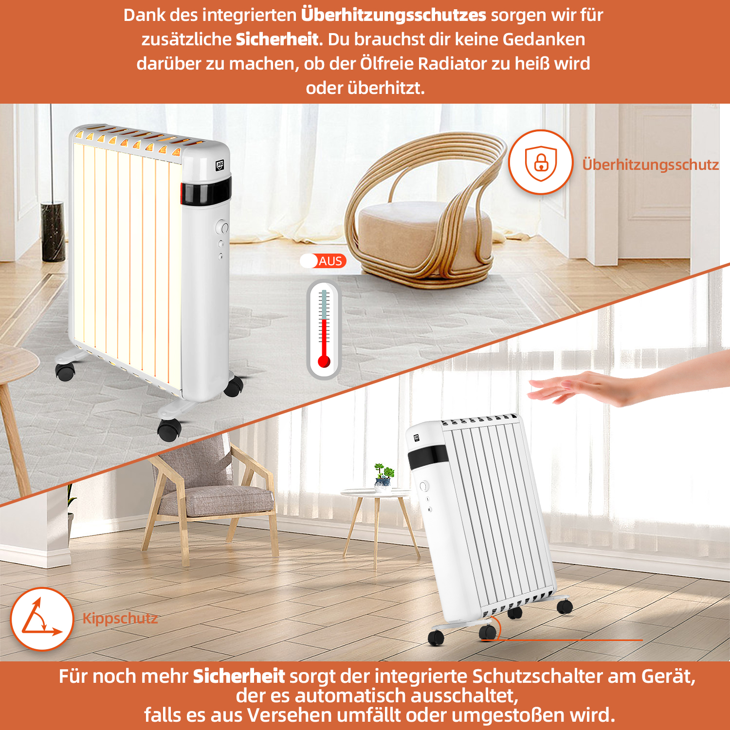 Elektrische Heizung mit Merkmalen wie Überhitzungs- und Kippschutz.
