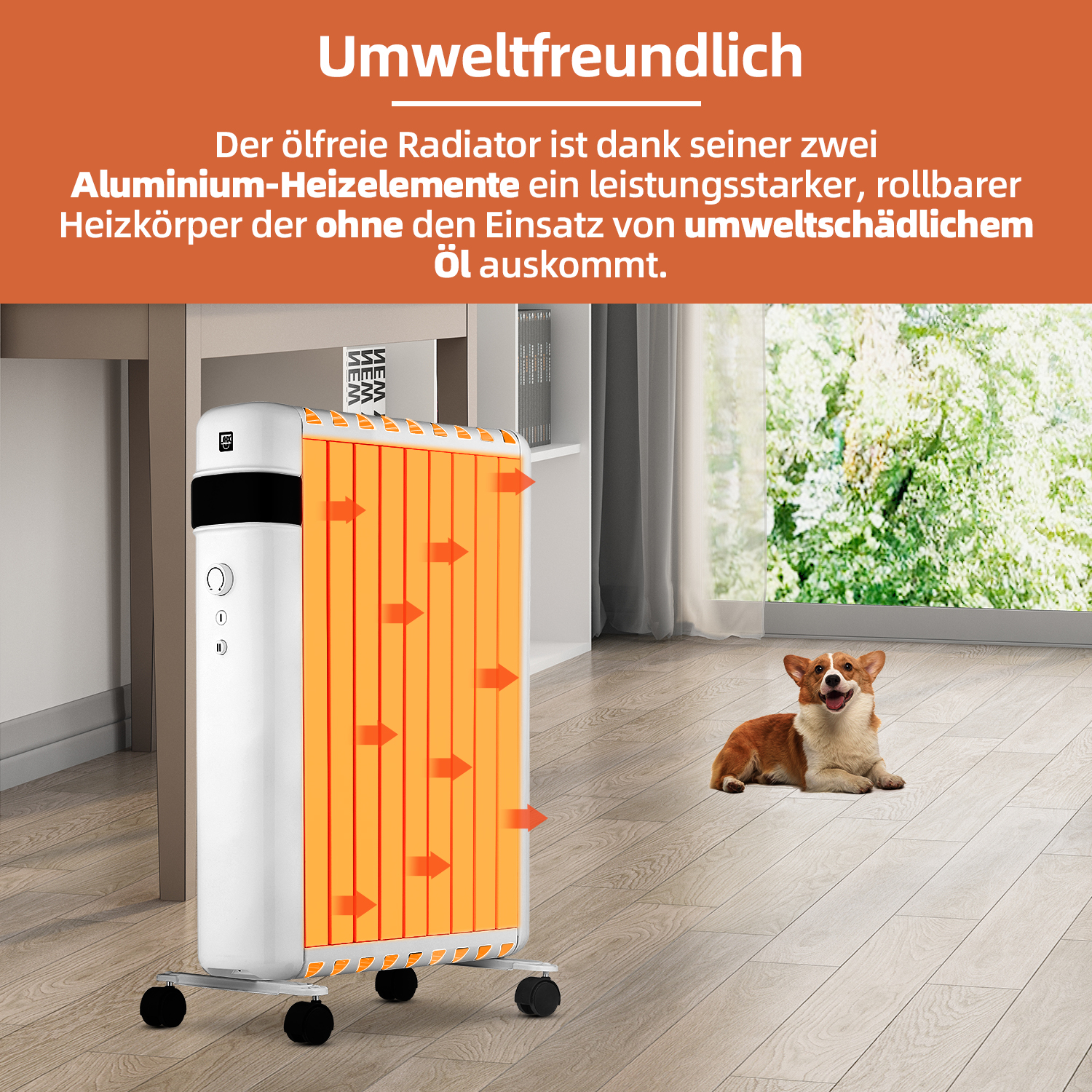 Weiß-oranger Heizkörper auf Rädern vor einem Fenster, mit liegendem Hund.