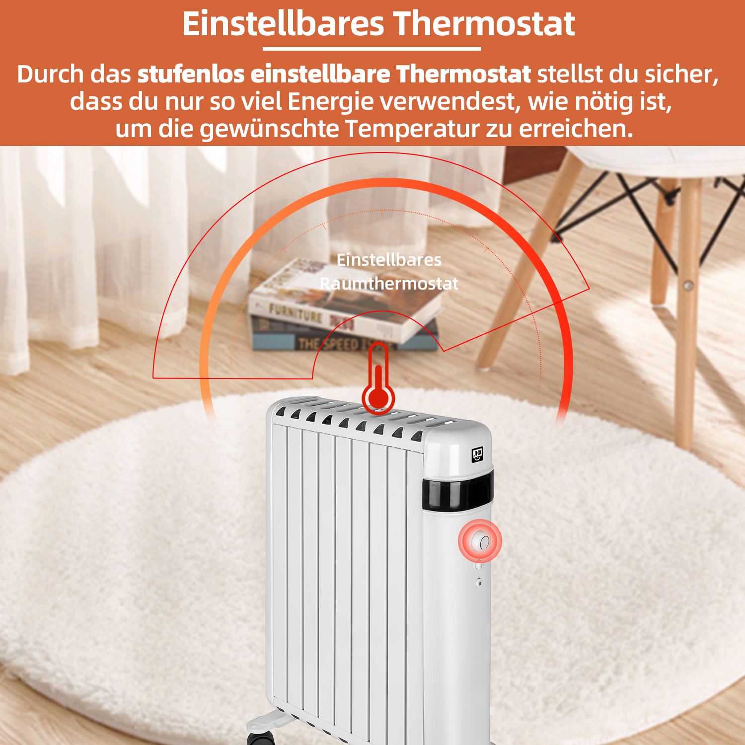 Ein weißer Heizkörper mit einem roten, kreisförmigen Thermostat. Im Hintergrund ein Teppich, Bücher und ein Stuhl.