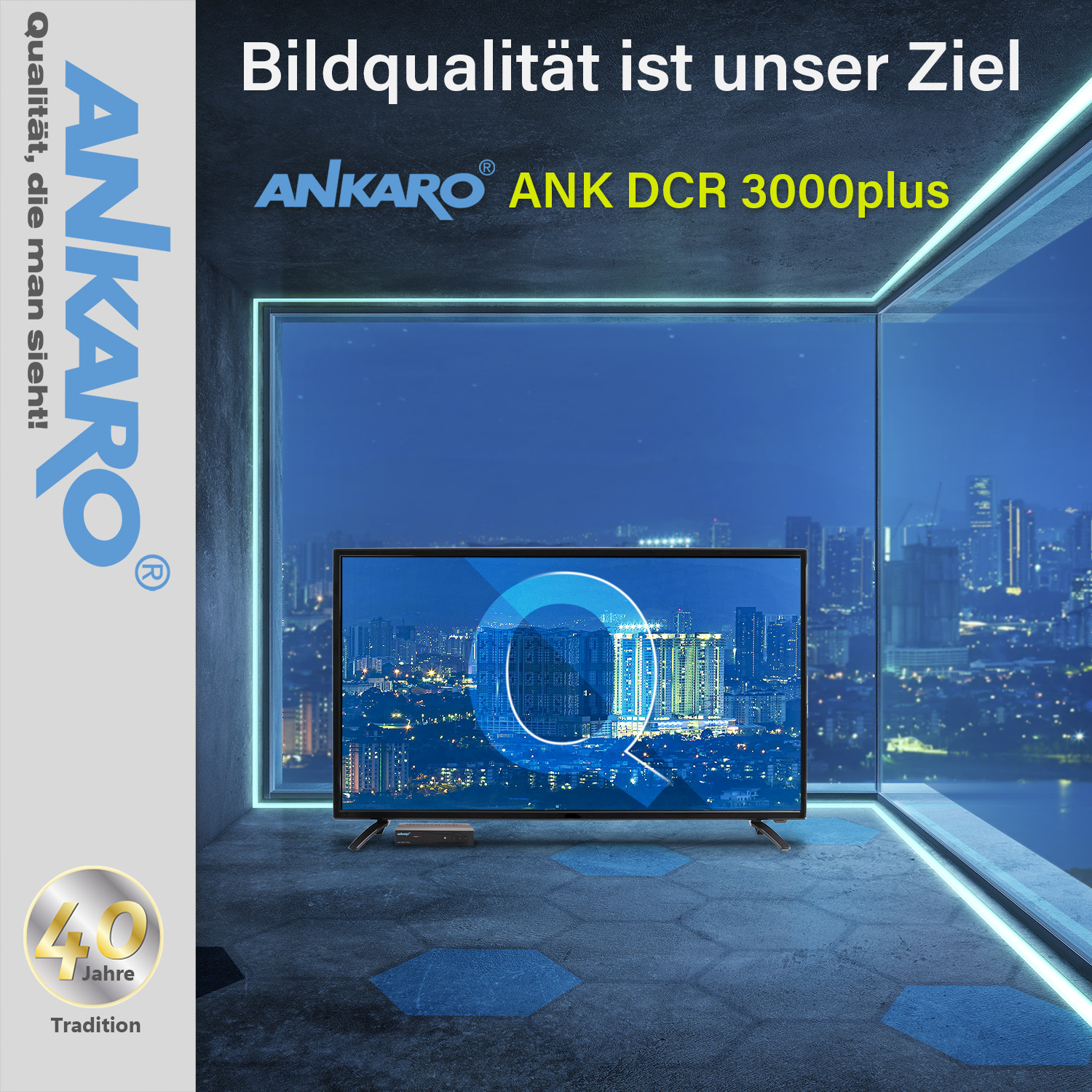 Moderner Fernsehbildschirm mit blauem Stadtblick durch Fenster, Werbung für ANKARO.