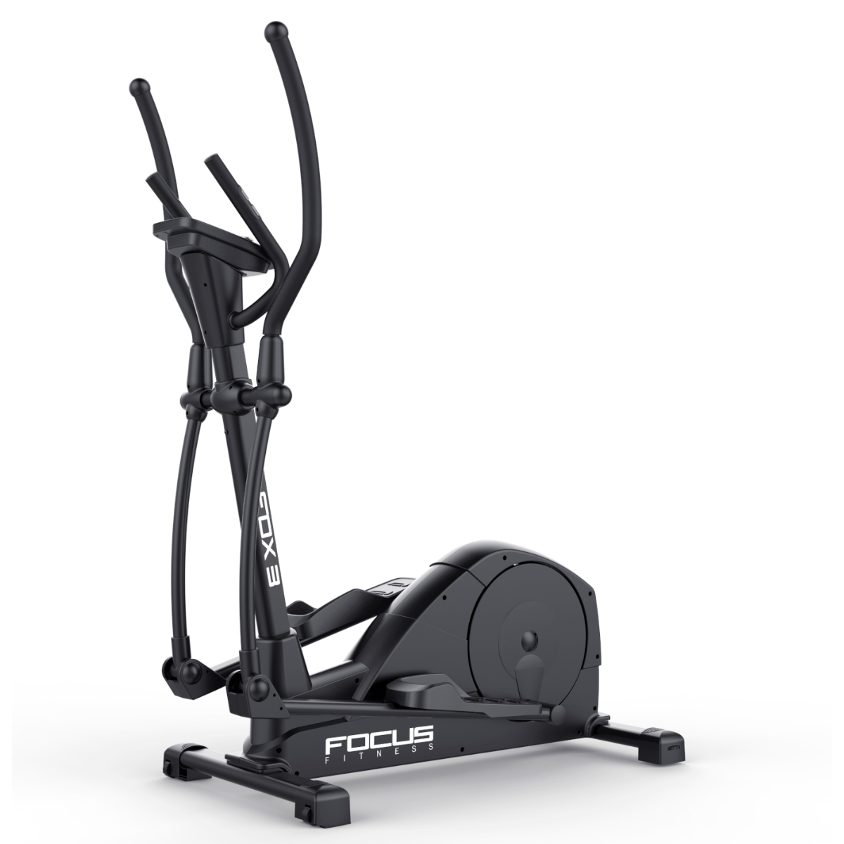 Un vélo elliptique noir. Il a des poignées et des repose-pieds. Fond blanc.