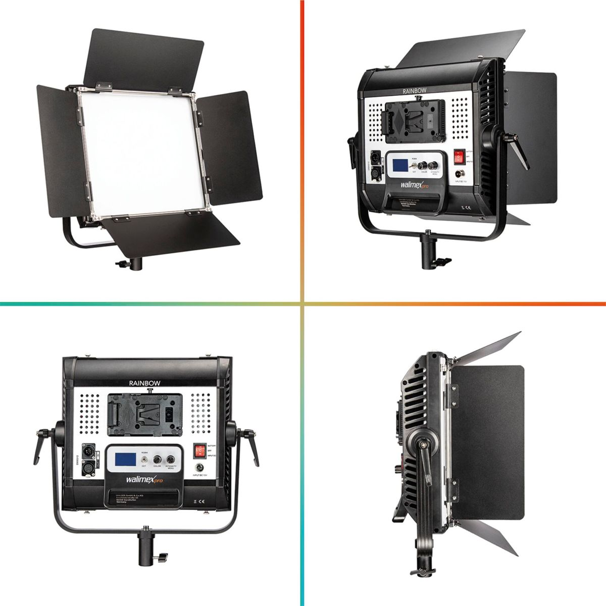 Mehrere Ansichten eines schwarzen Lichtpanels mit verstellbaren Klappen, einem Bedienfeld und Halterung.