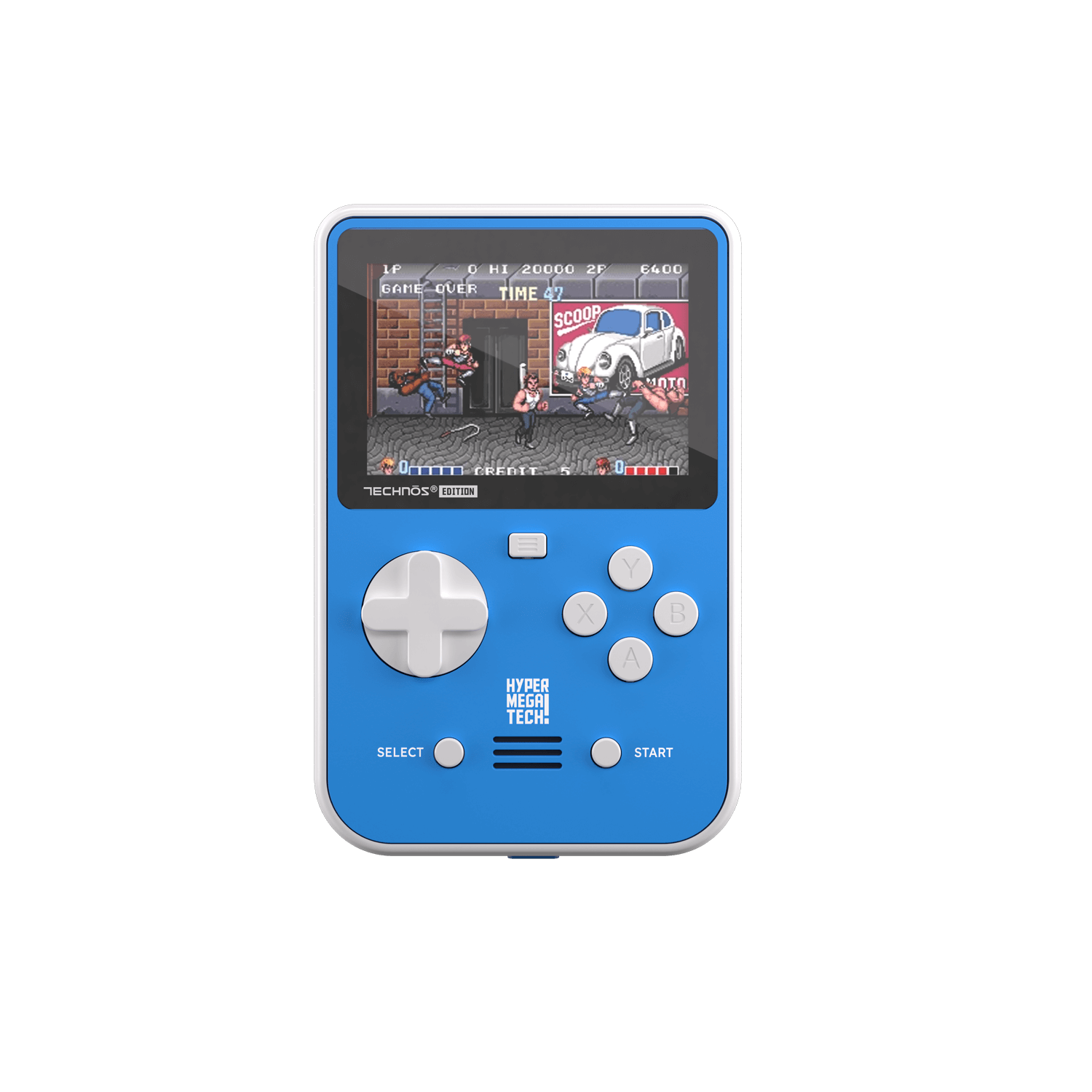 Consola portátil azul que muestra una escena de juego retro con personajes y texto. Botones y controles blancos.